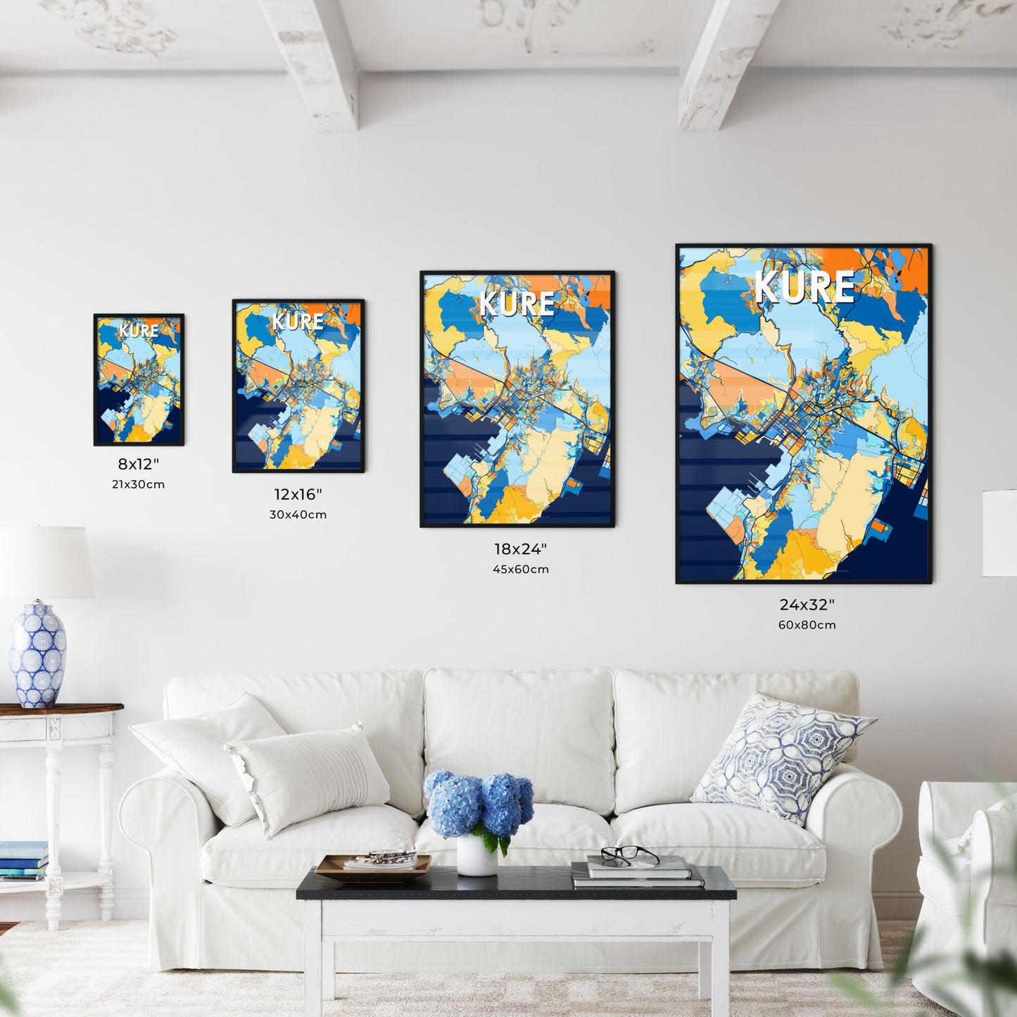 KURE JAPAN Vibrant Colorful Art Map Poster Blue Orange