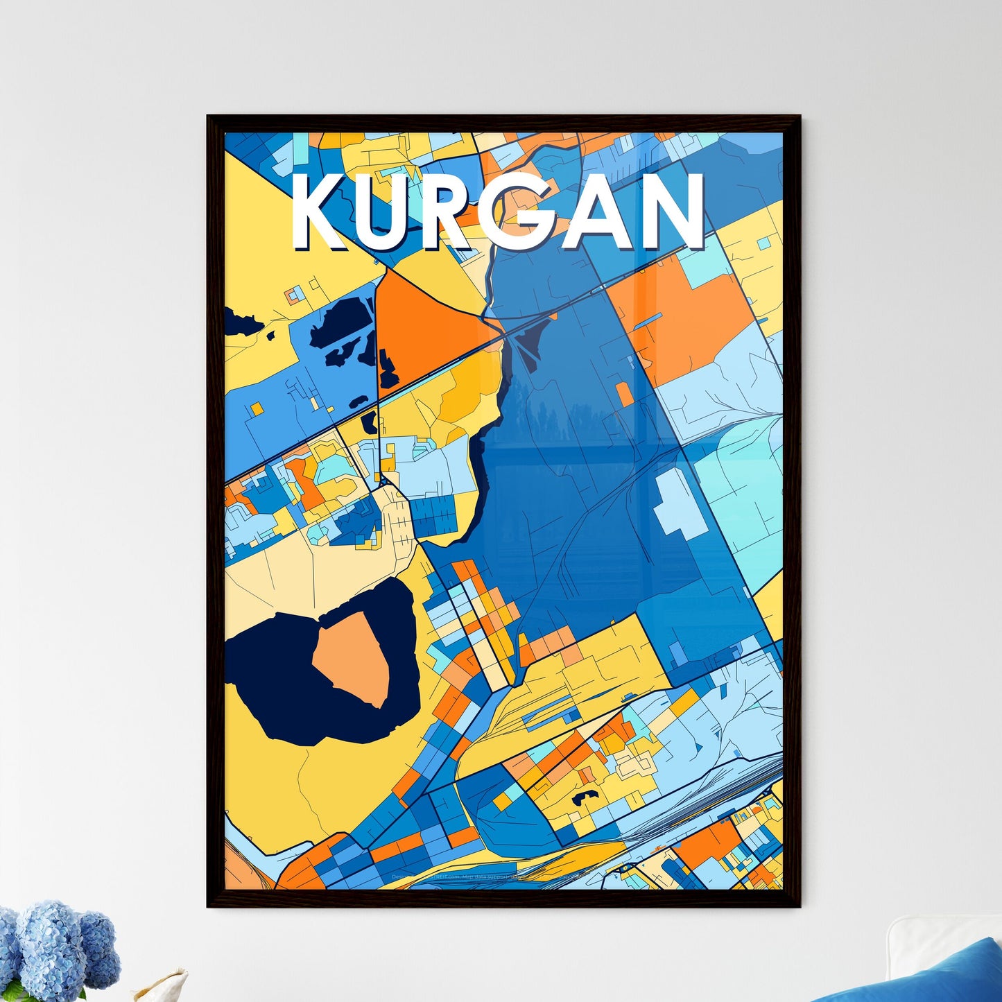 KURGAN RUSSIA Vibrant Colorful Art Map Poster Blue Orange