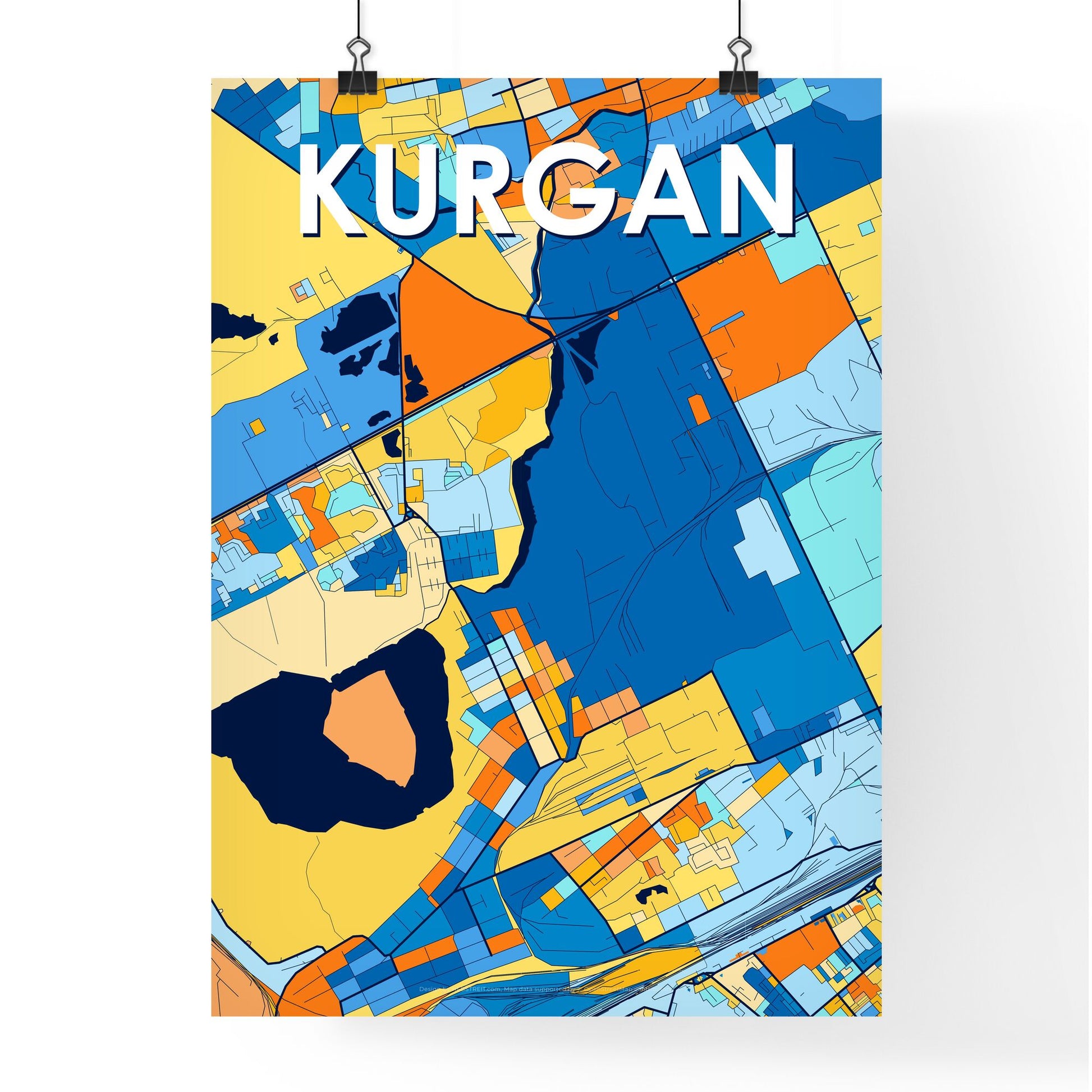 KURGAN RUSSIA Vibrant Colorful Art Map Poster Blue Orange