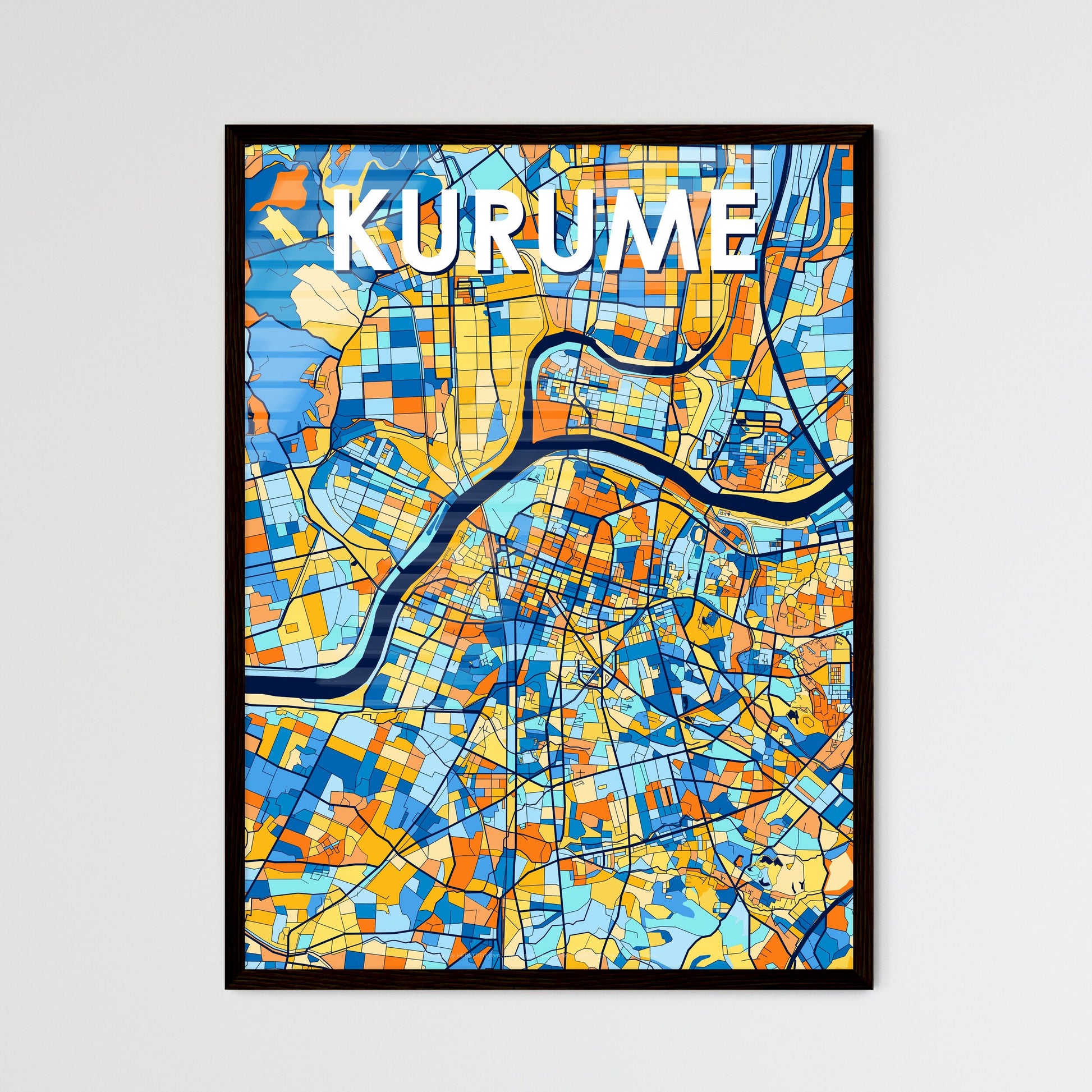 KURUME JAPAN Vibrant Colorful Art Map Poster Blue Orange