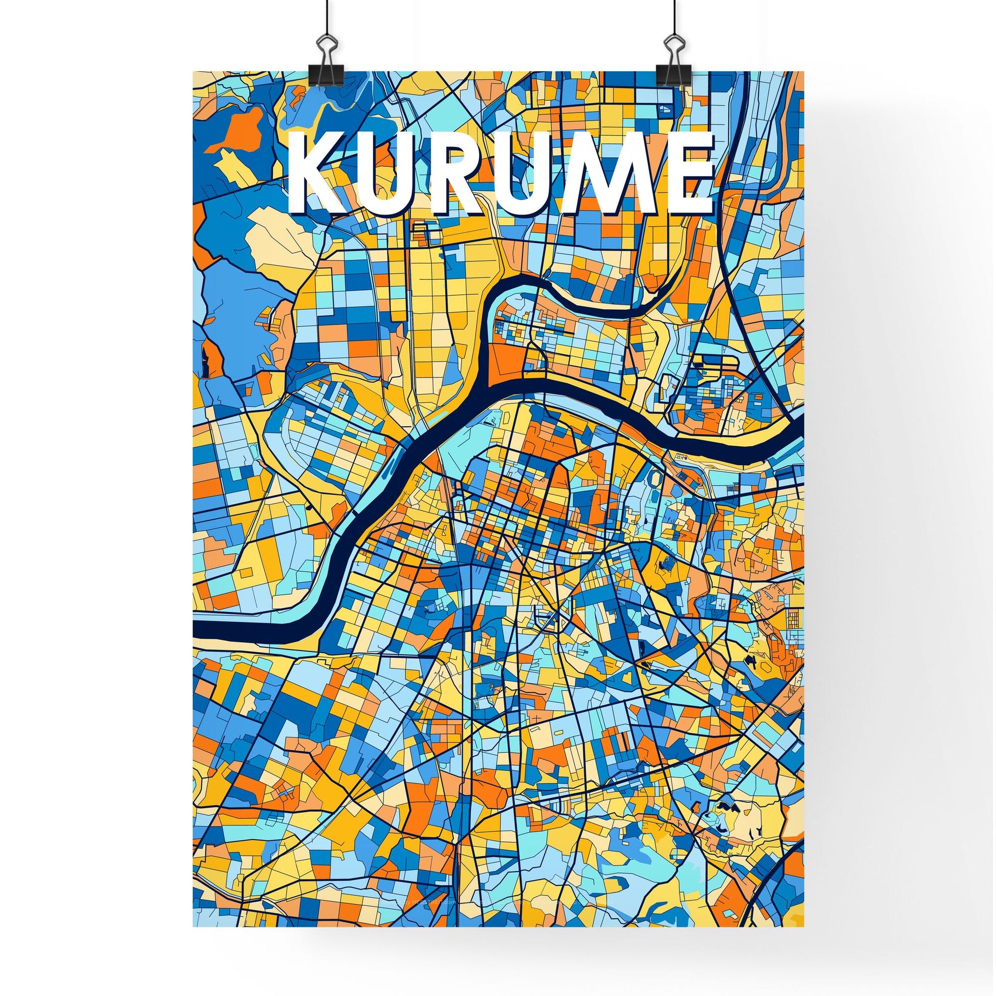 KURUME JAPAN Vibrant Colorful Art Map Poster Blue Orange