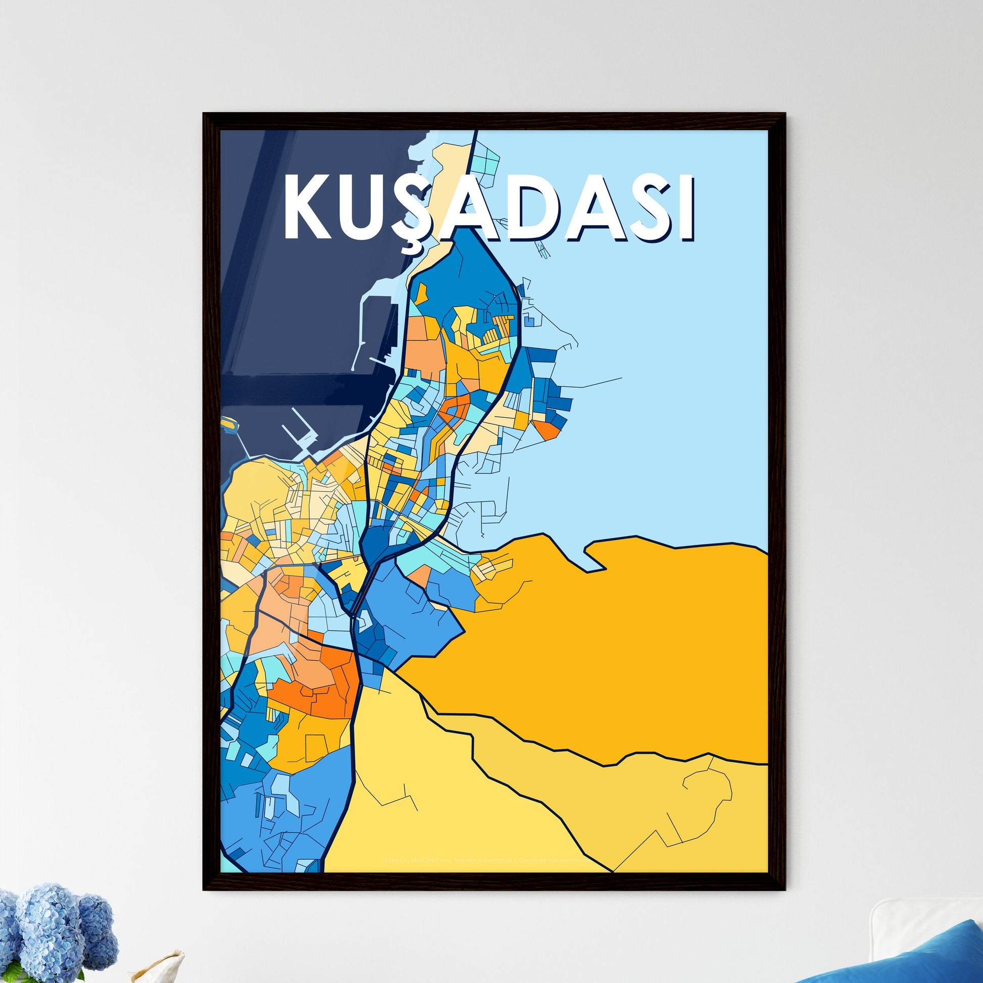 KUŞADASI TURKEY Vibrant Colorful Art Map Poster Blue Orange