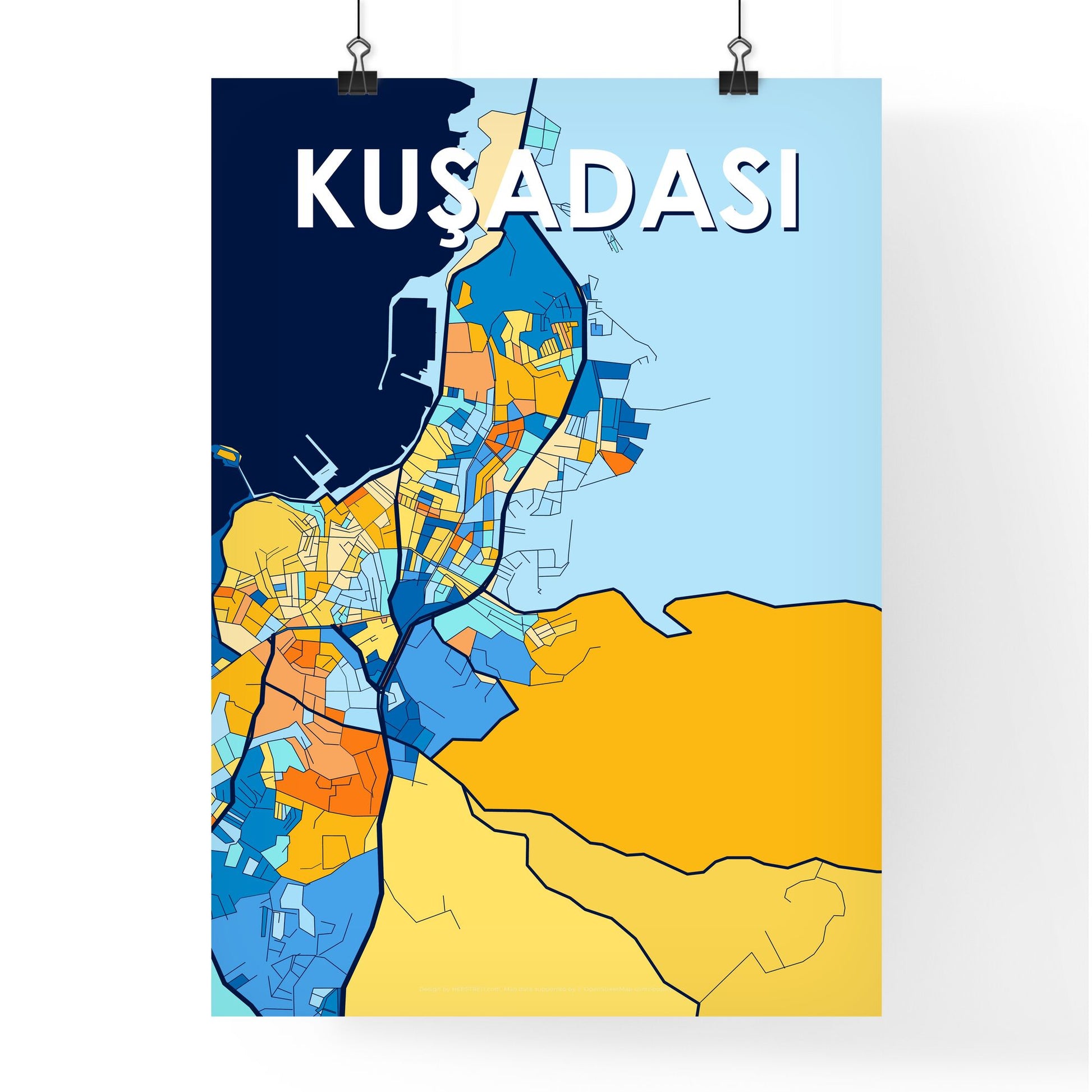 KUŞADASI TURKEY Vibrant Colorful Art Map Poster Blue Orange