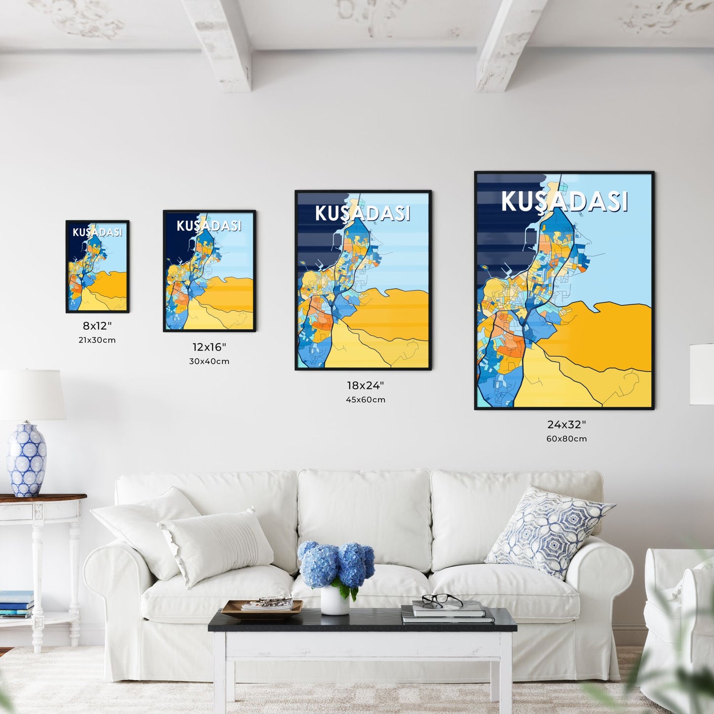 KUŞADASI TURKEY Vibrant Colorful Art Map Poster Blue Orange