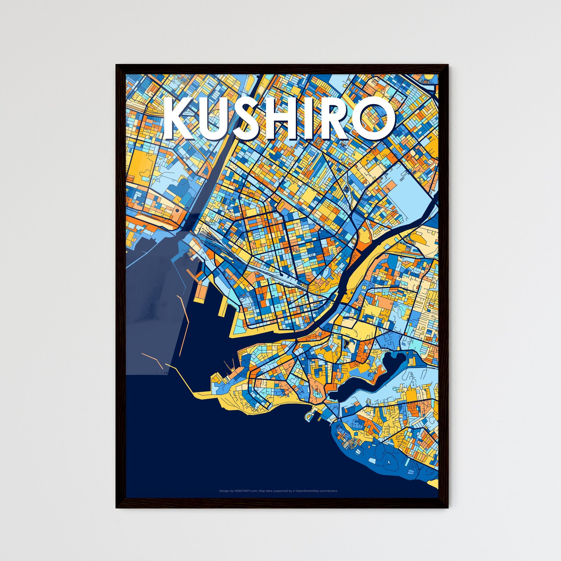 KUSHIRO JAPAN Vibrant Colorful Art Map Poster Blue Orange