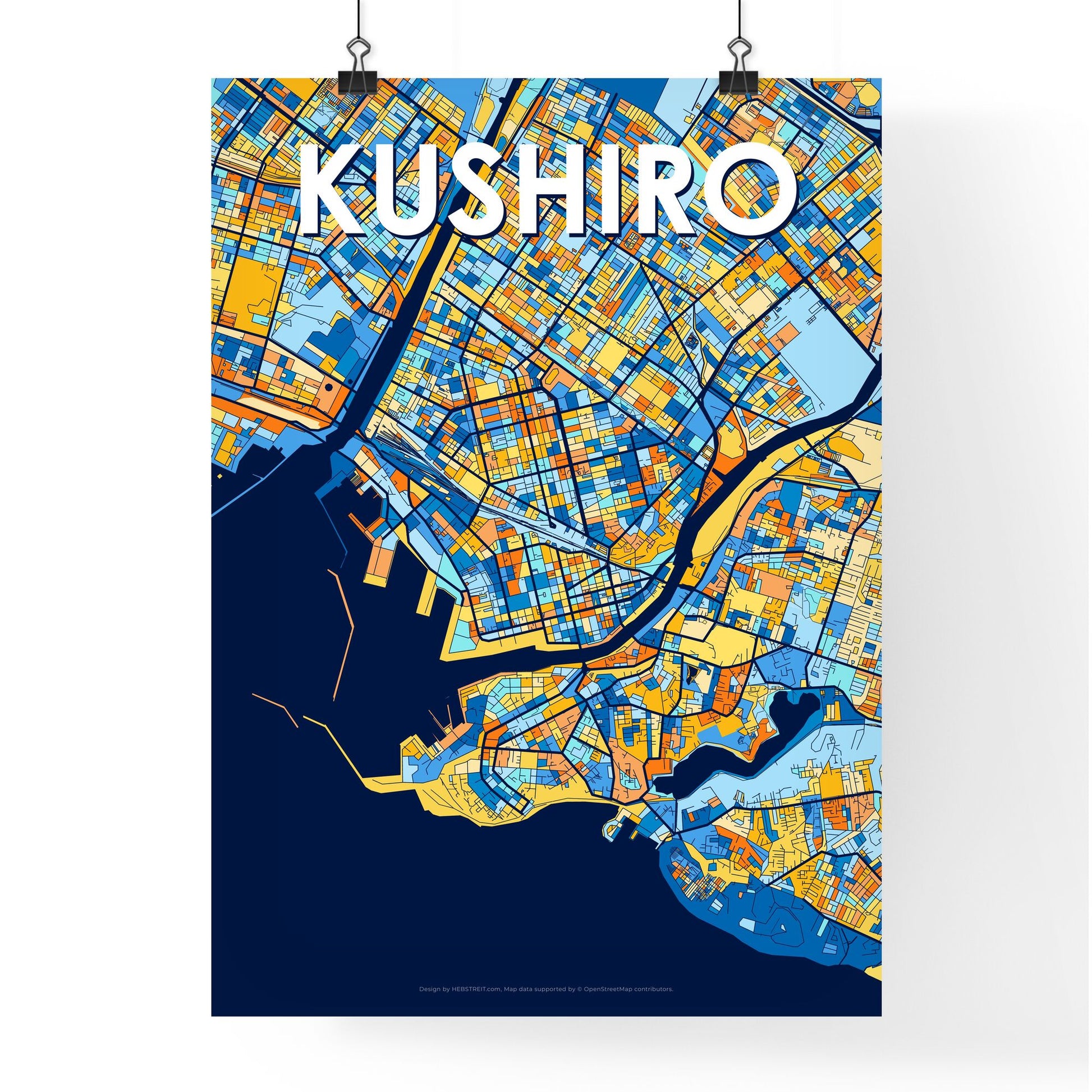 KUSHIRO JAPAN Vibrant Colorful Art Map Poster Blue Orange