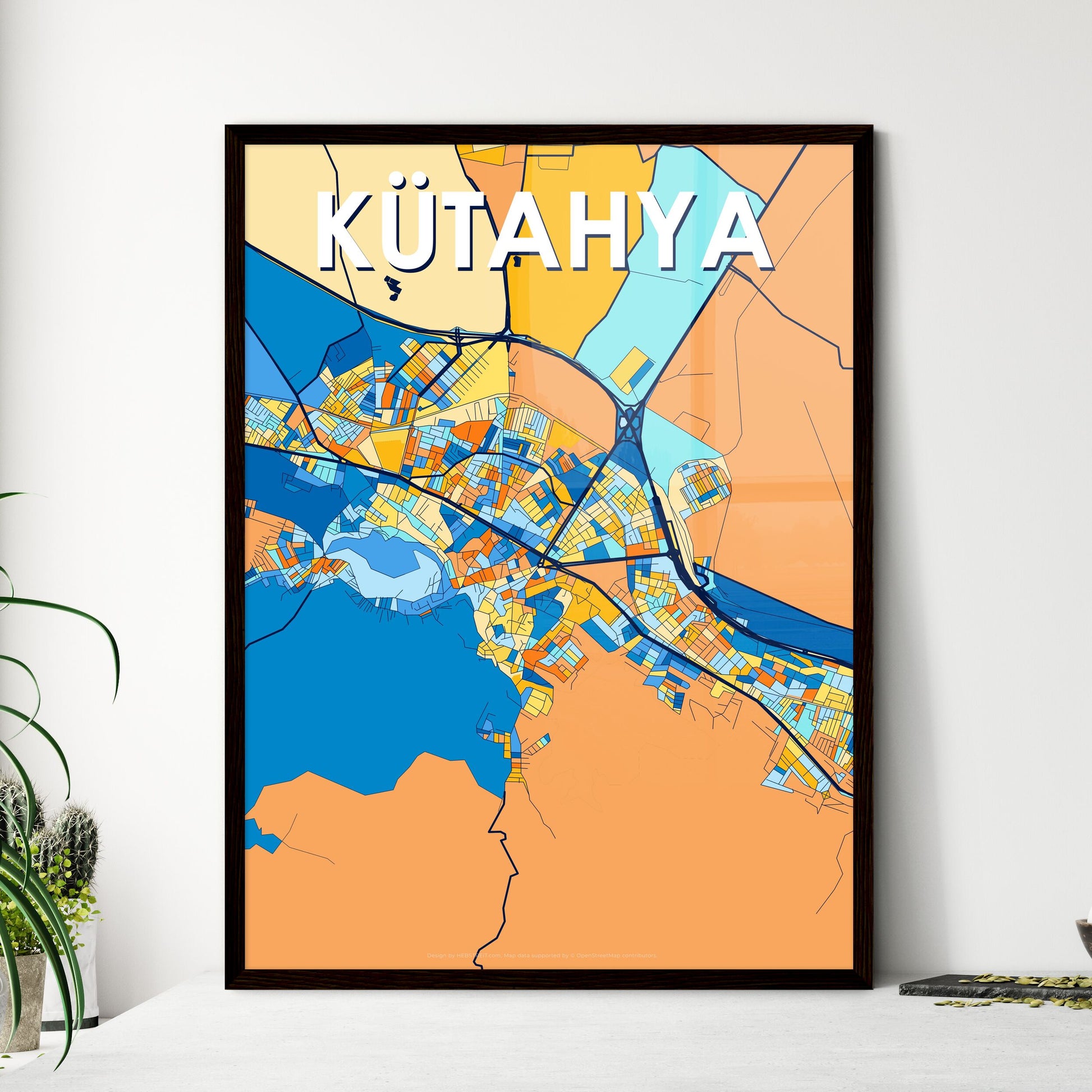 KÜTAHYA TURKEY Vibrant Colorful Art Map Poster Blue Orange