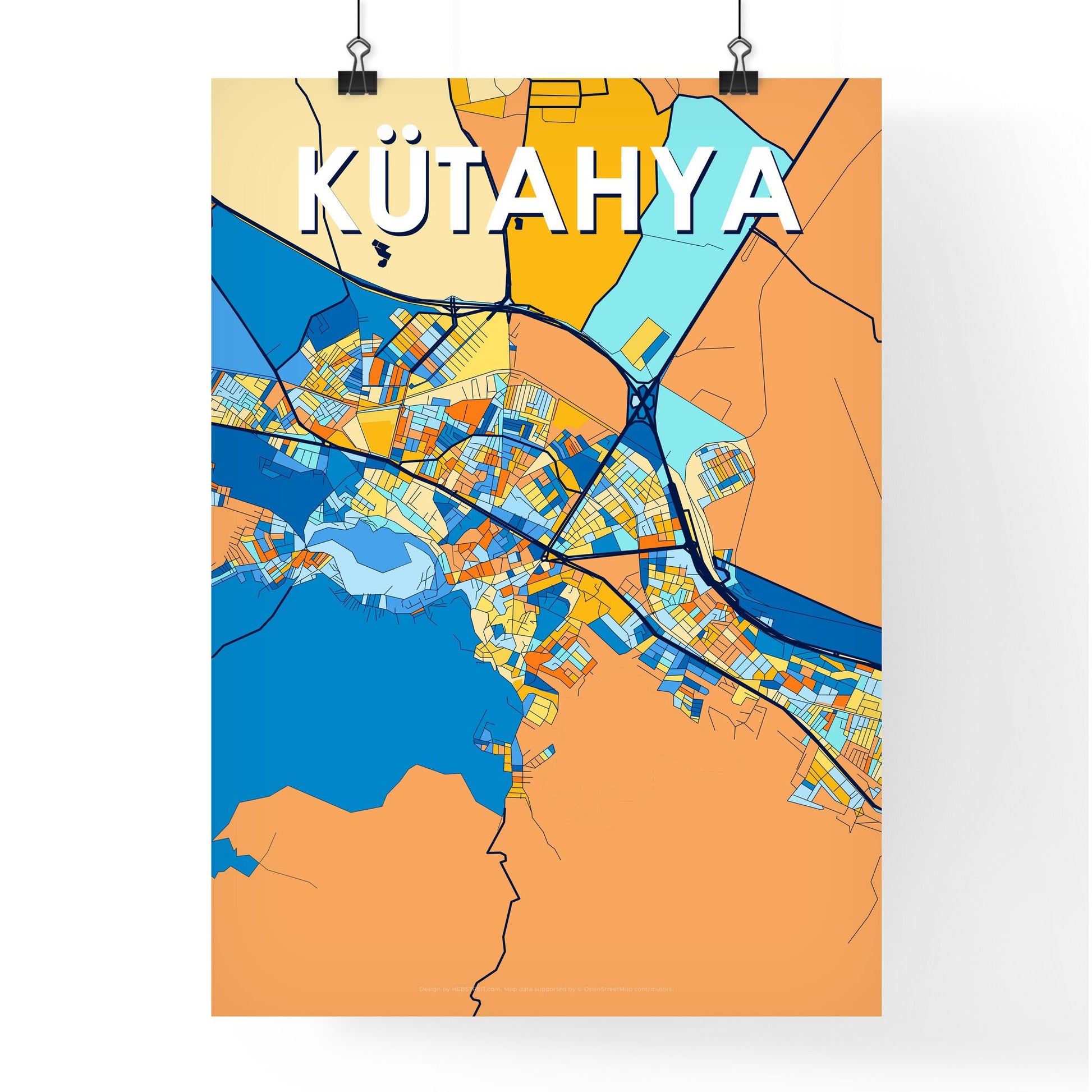 KÜTAHYA TURKEY Vibrant Colorful Art Map Poster Blue Orange