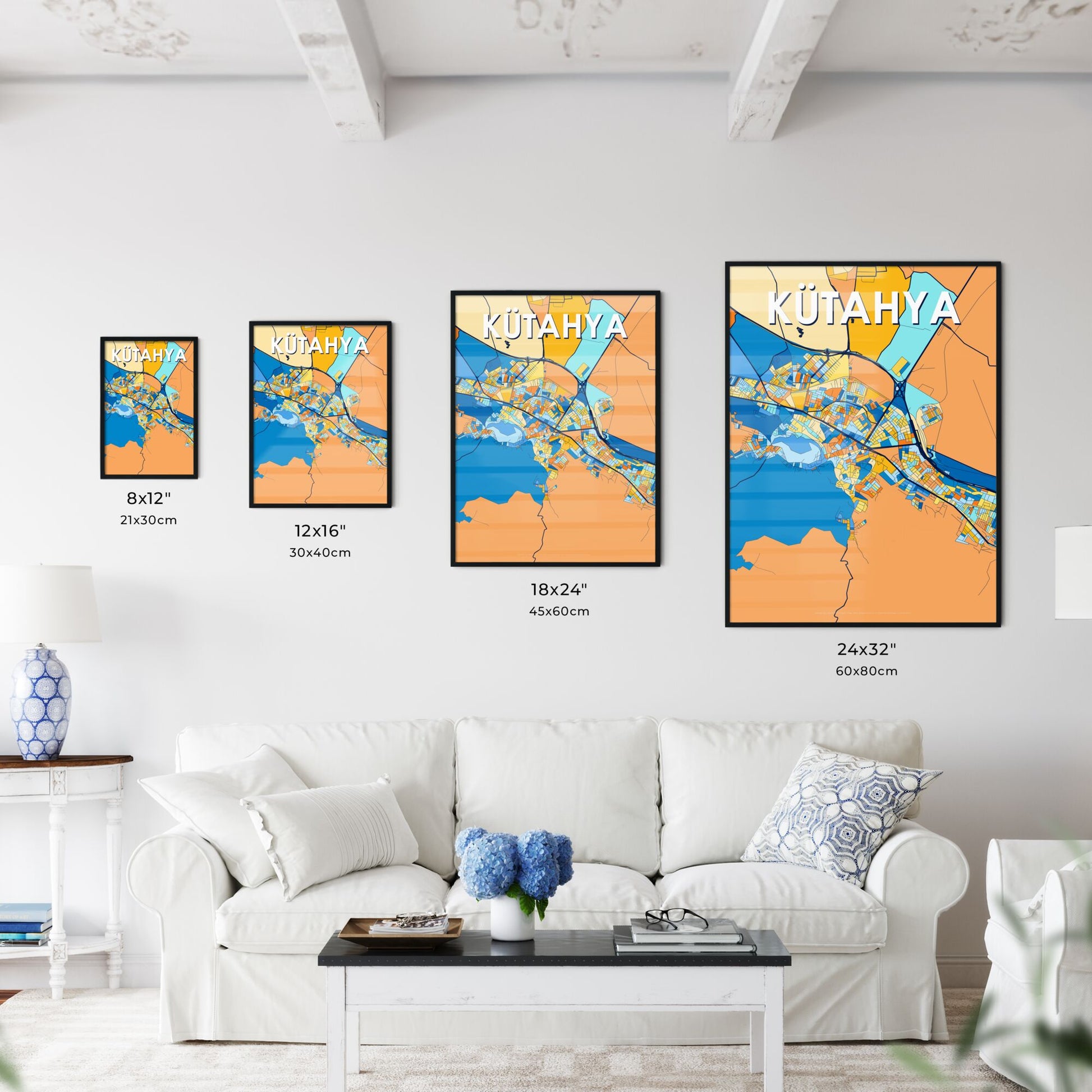 KÜTAHYA TURKEY Vibrant Colorful Art Map Poster Blue Orange