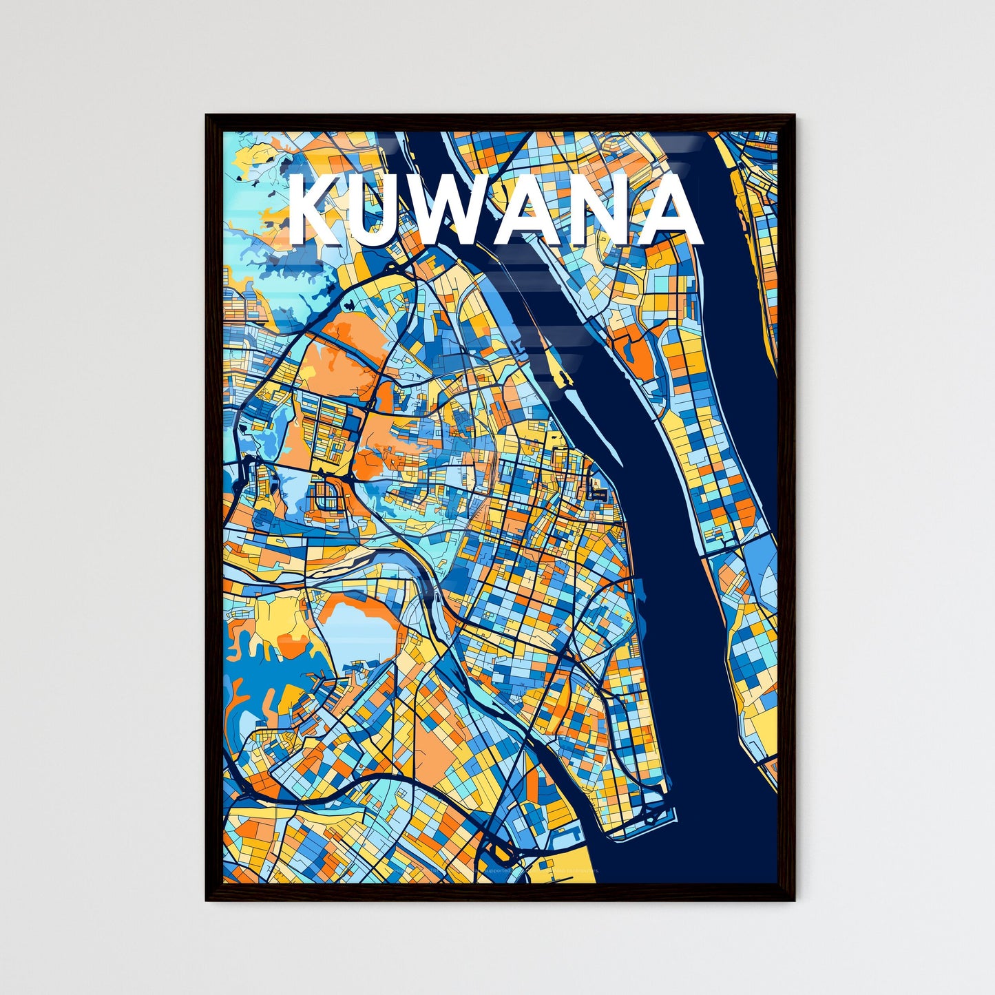 KUWANA JAPAN Vibrant Colorful Art Map Poster Blue Orange