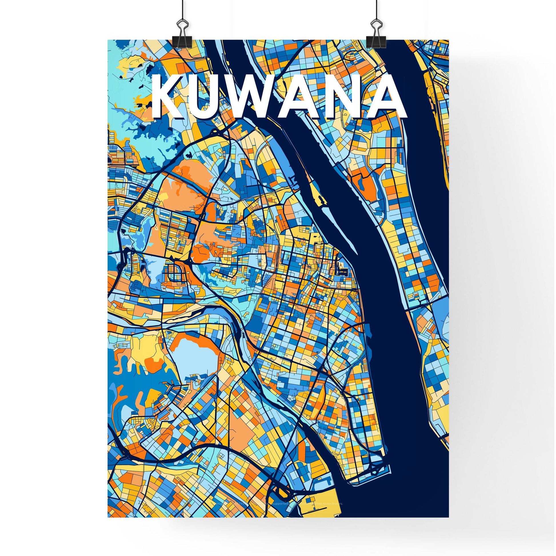 KUWANA JAPAN Vibrant Colorful Art Map Poster Blue Orange