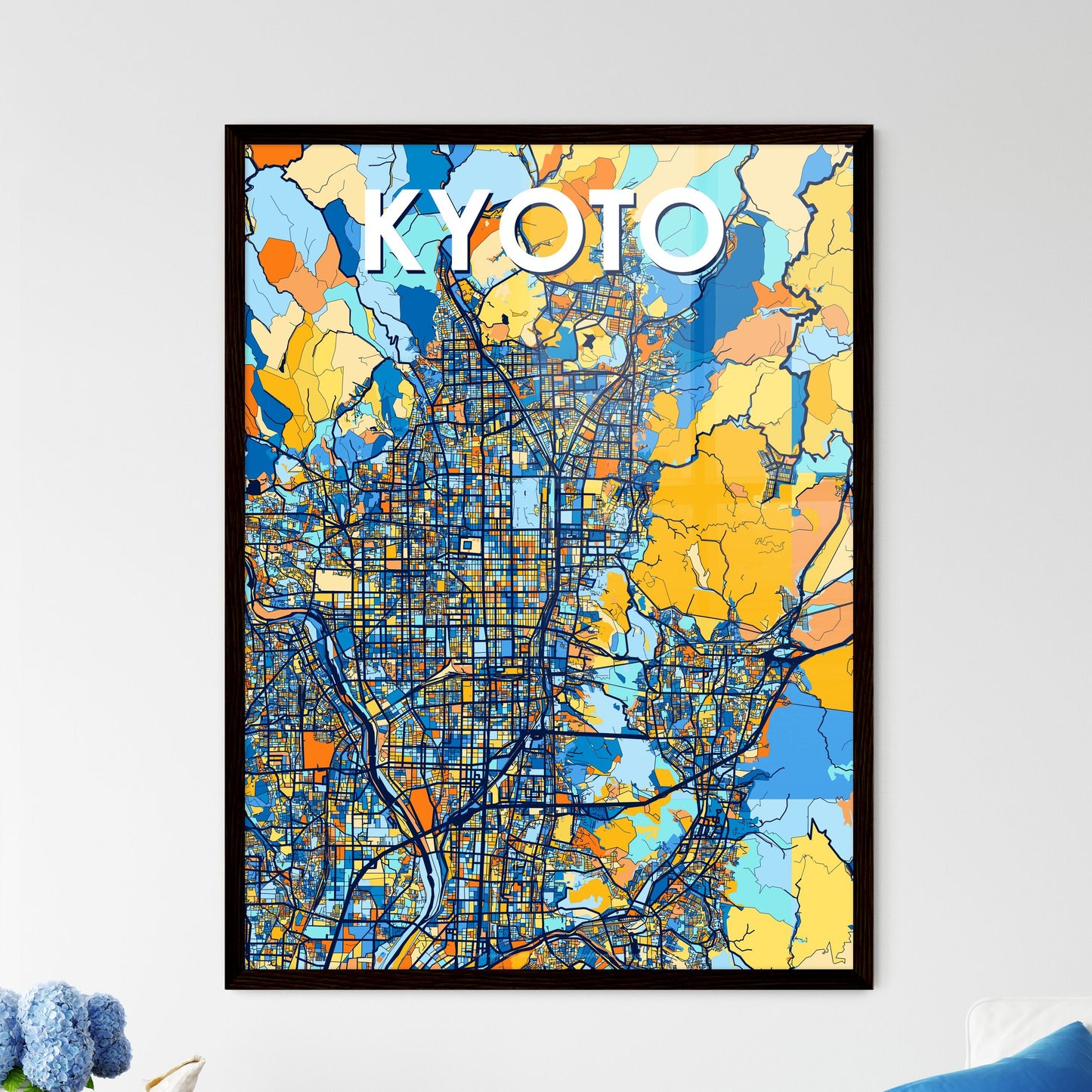 KYOTO JAPAN Vibrant Colorful Art Map Poster Blue Orange