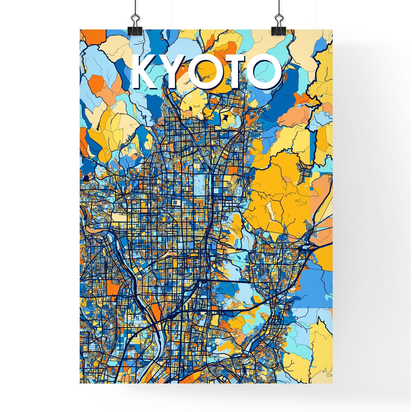 KYOTO JAPAN Vibrant Colorful Art Map Poster Blue Orange