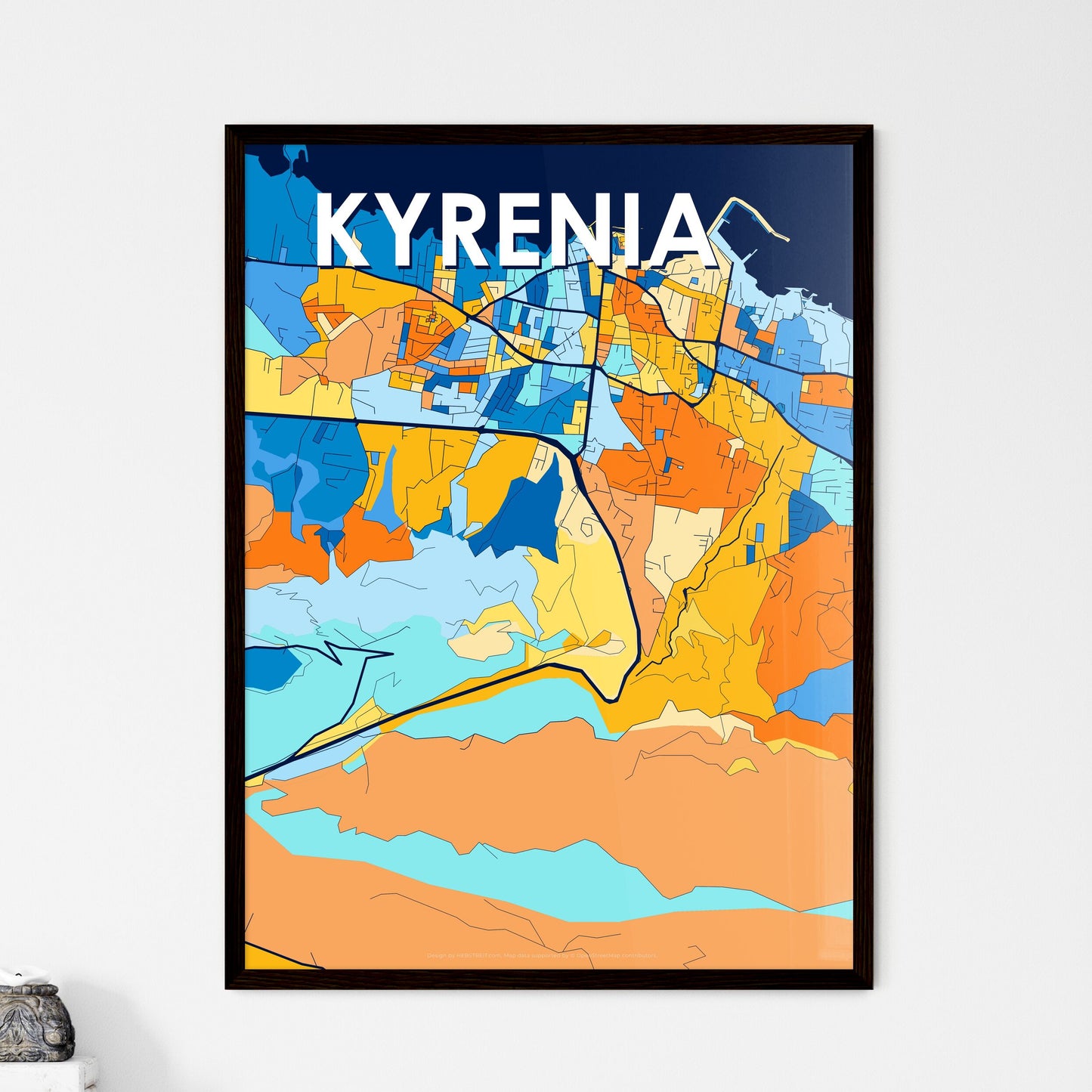 KYRENIA CYPRUS Vibrant Colorful Art Map Poster Blue Orange