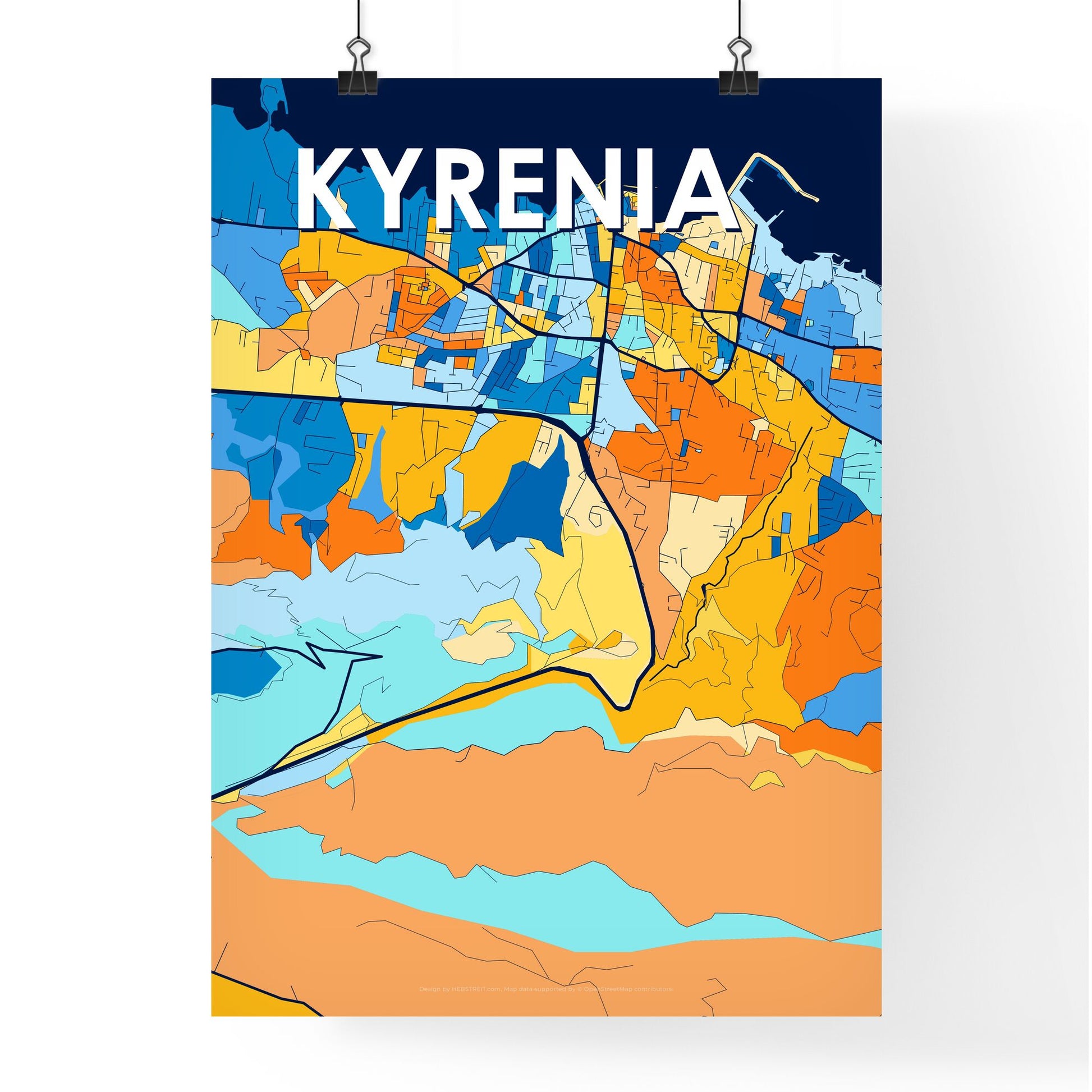 KYRENIA CYPRUS Vibrant Colorful Art Map Poster Blue Orange