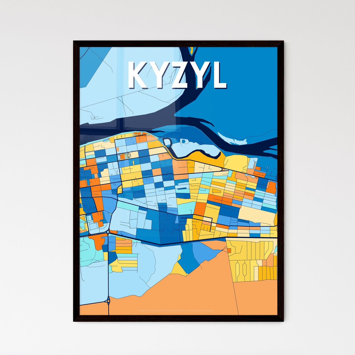 KYZYL RUSSIA Vibrant Colorful Art Map Poster Blue Orange