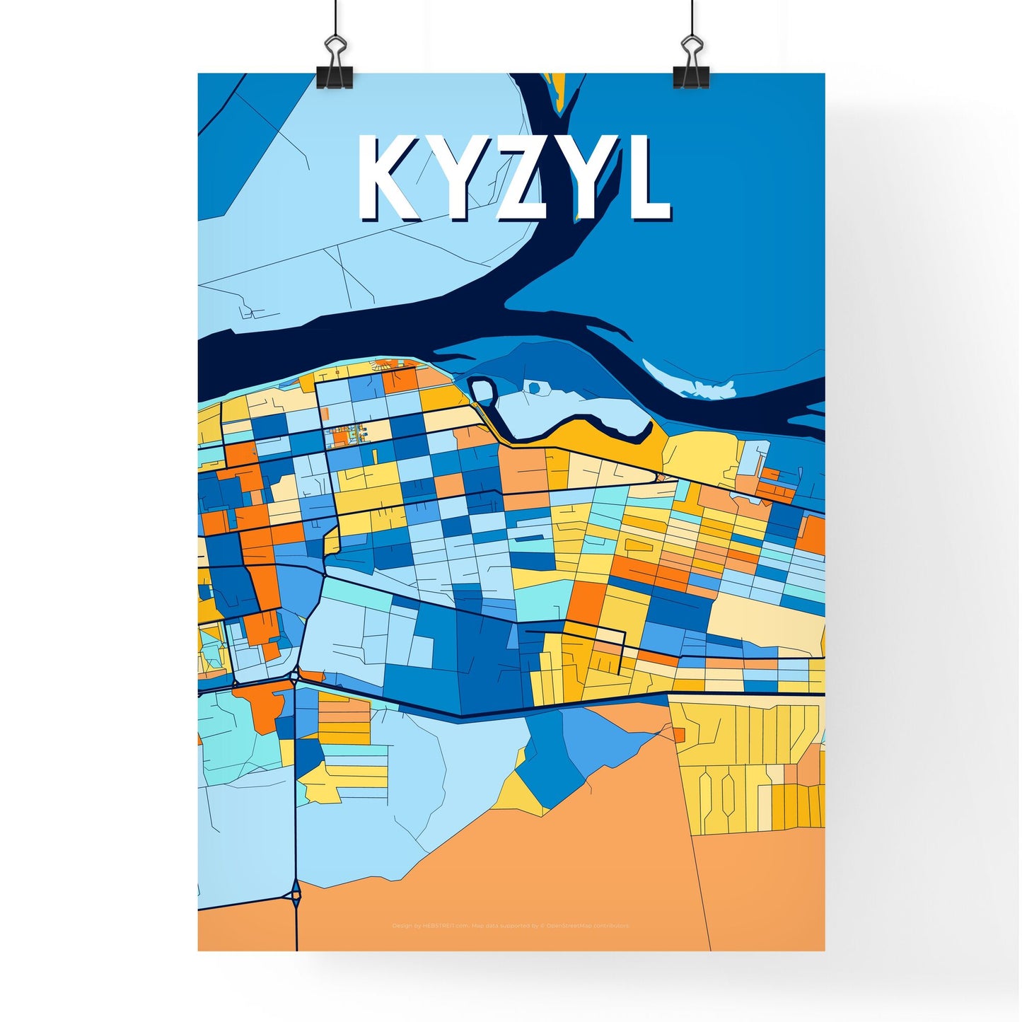 KYZYL RUSSIA Vibrant Colorful Art Map Poster Blue Orange