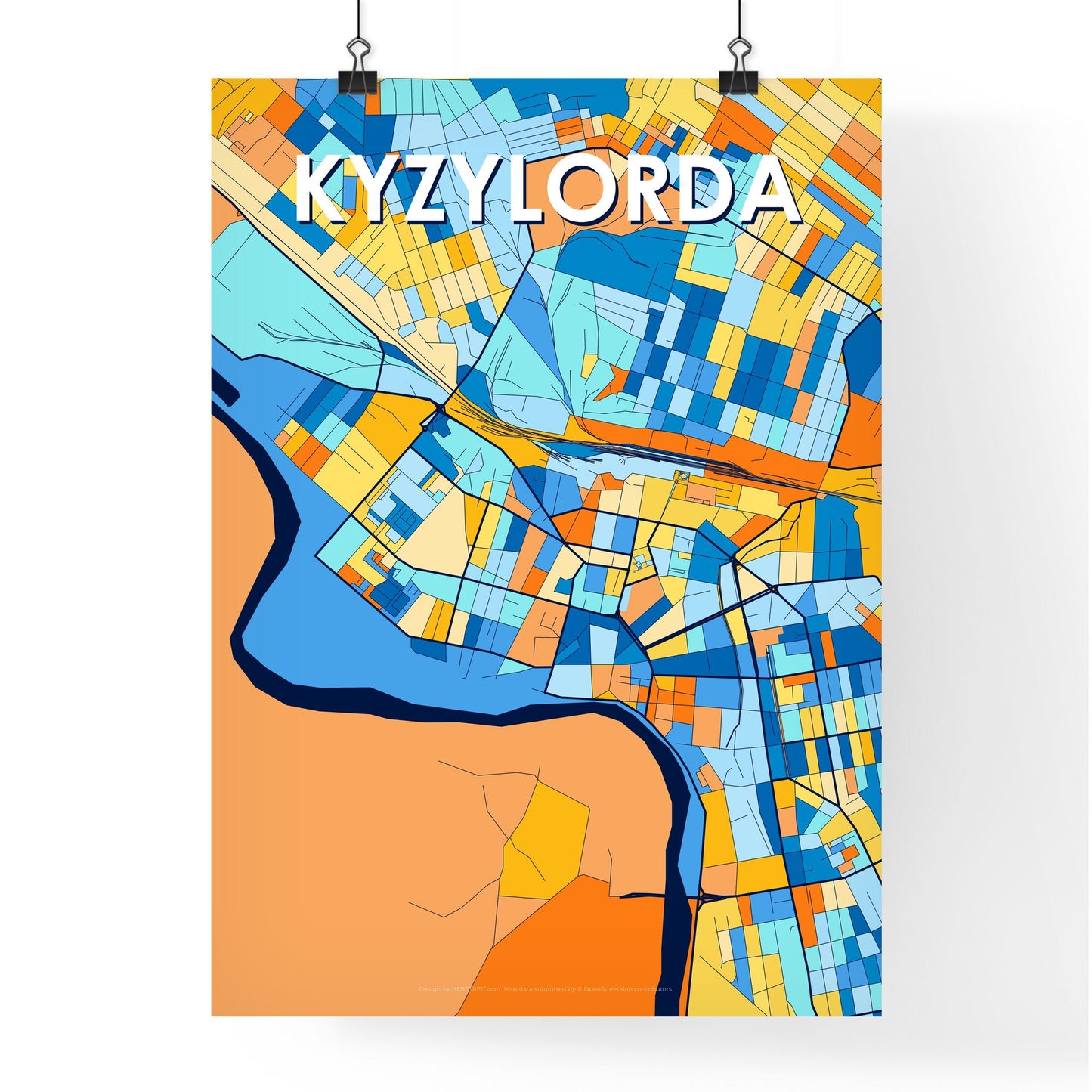 KYZYLORDA KAZAKHSTAN Vibrant Colorful Art Map Poster Blue Orange