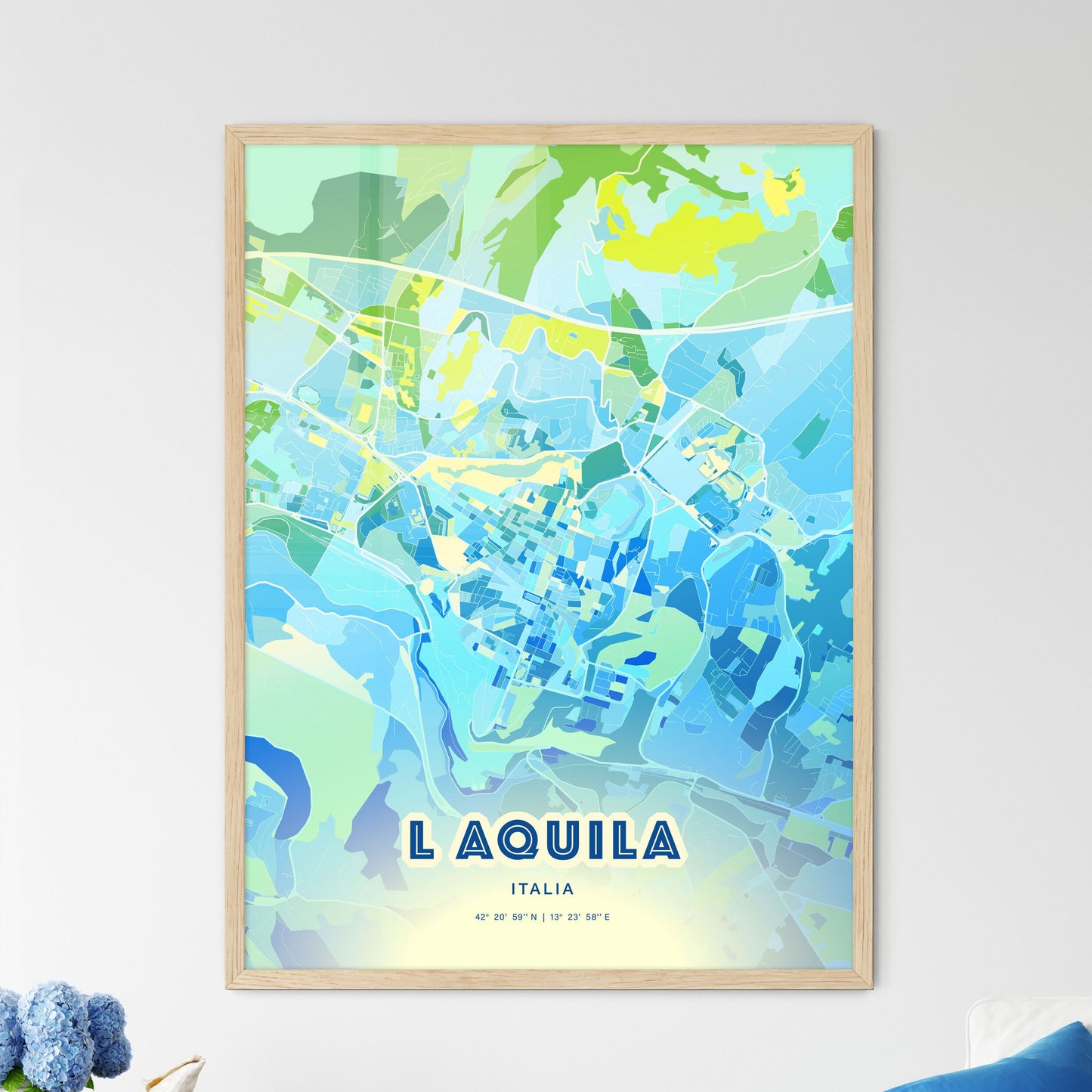 Colorful L Aquila Italy Fine Art Map Cool Blue
