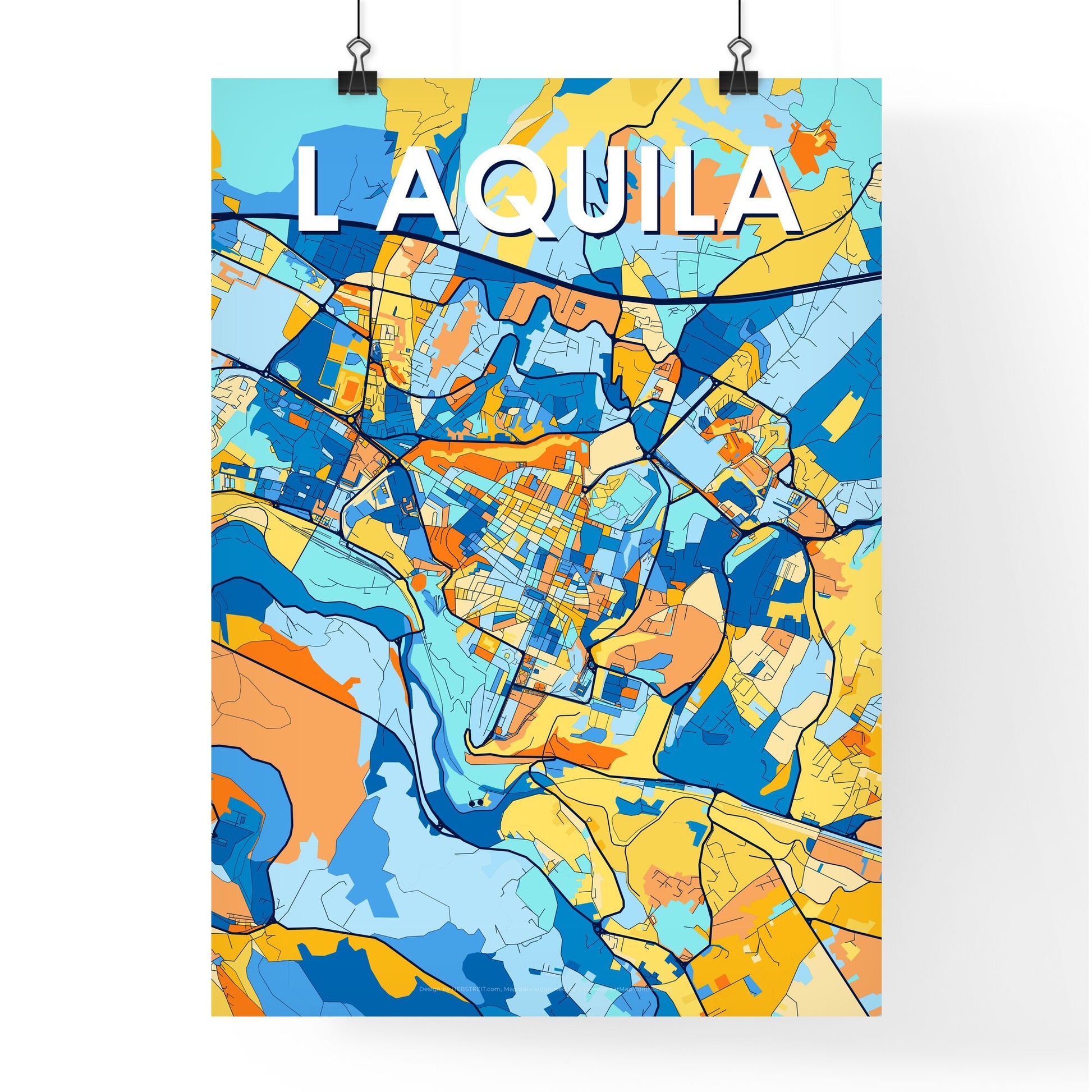 L AQUILA ITALY Vibrant Colorful Art Map Poster Blue Orange