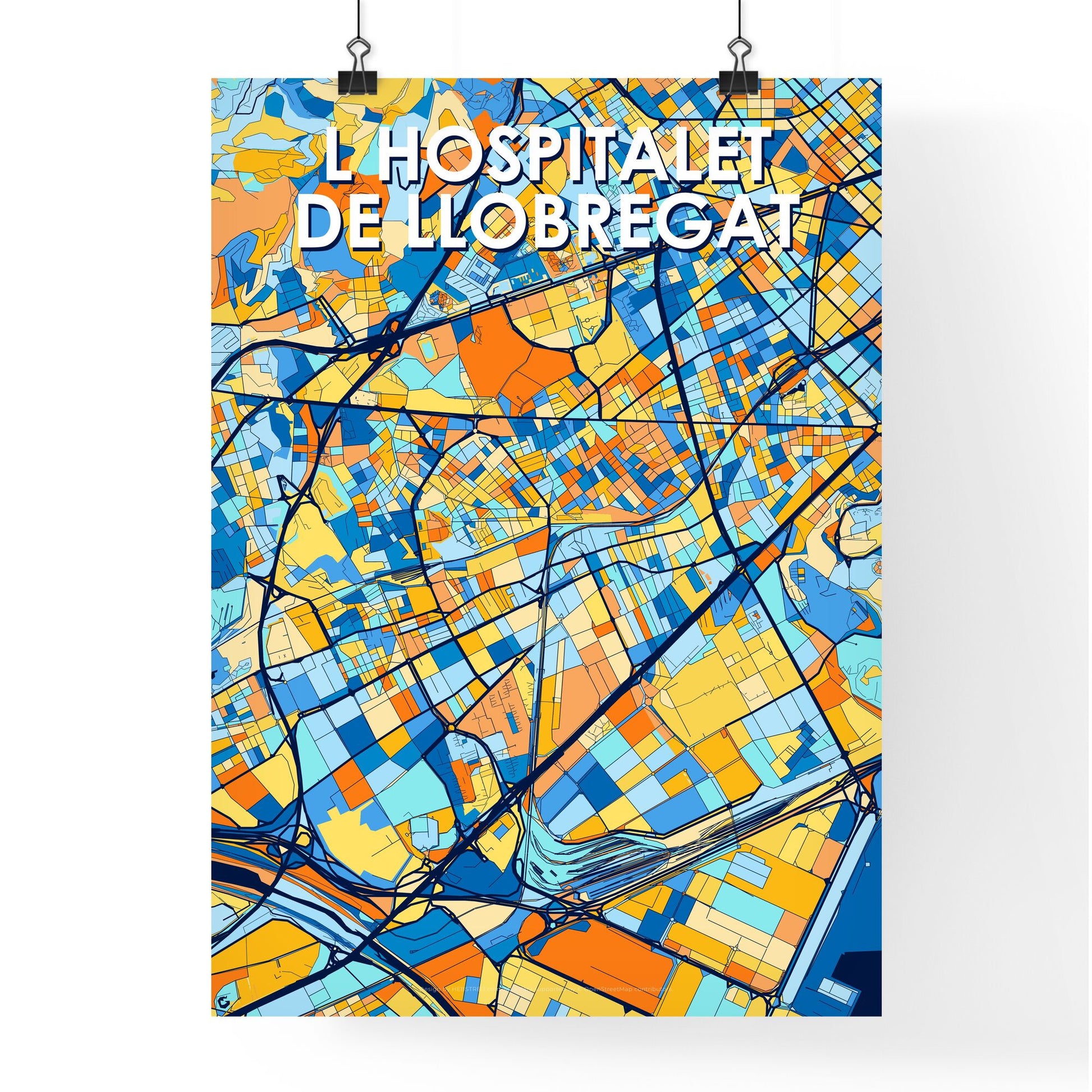 L HOSPITALET DE LLOBREGAT SPAIN Vibrant Colorful Art Map Poster Blue Orange