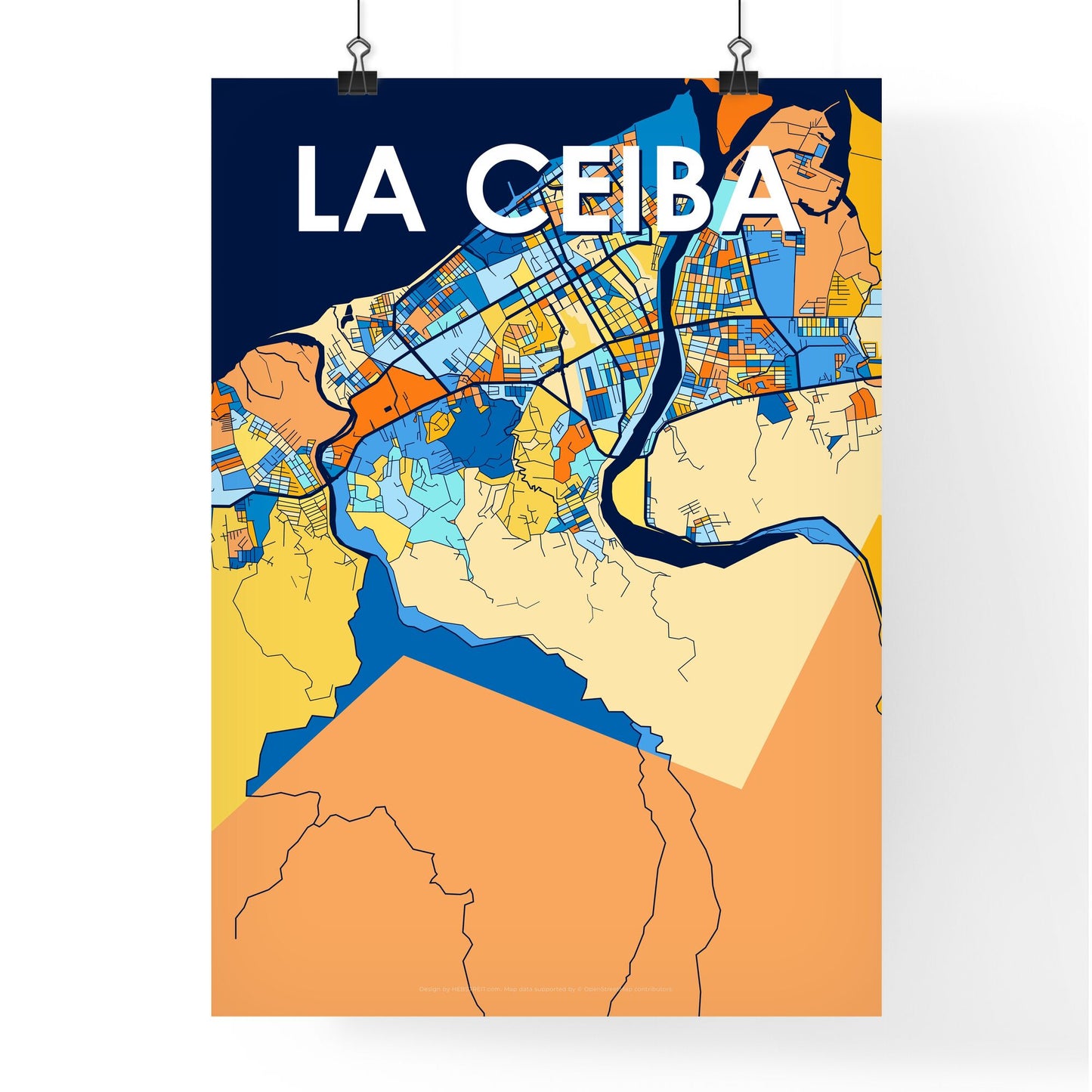 LA CEIBA HONDURAS Vibrant Colorful Art Map Poster Blue Orange