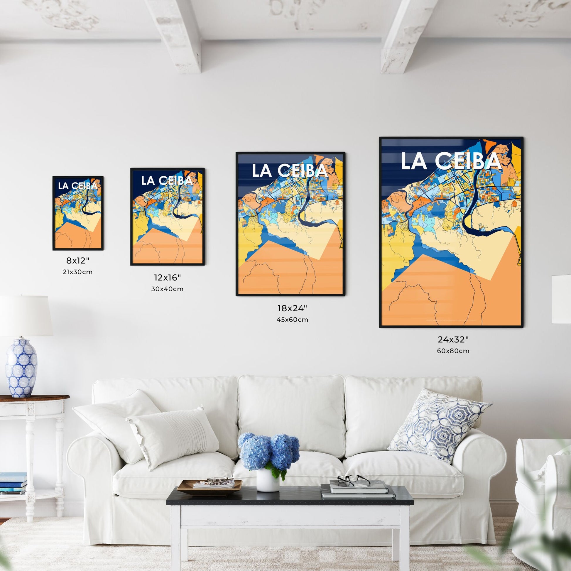 LA CEIBA HONDURAS Vibrant Colorful Art Map Poster Blue Orange