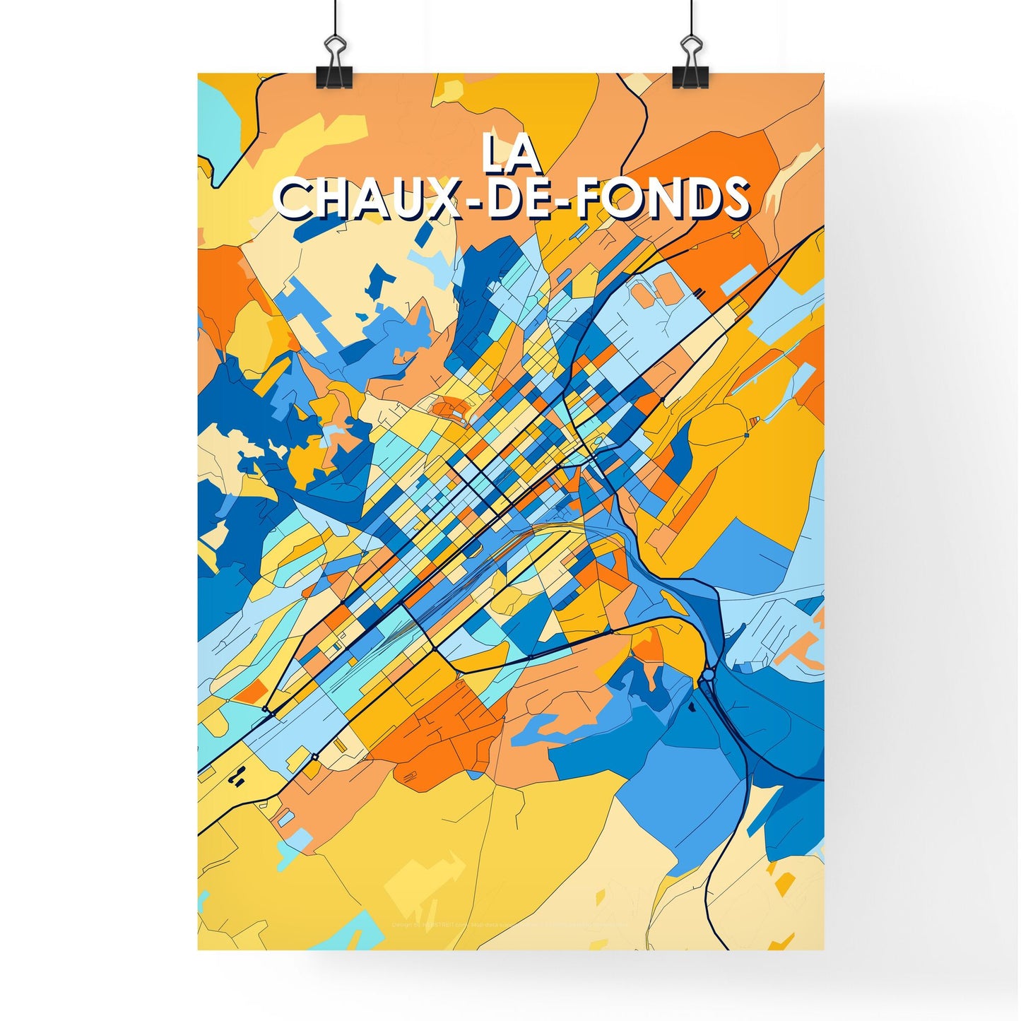 LA CHAUX-DE-FONDS SWITZERLAND Vibrant Colorful Art Map Poster Blue Orange