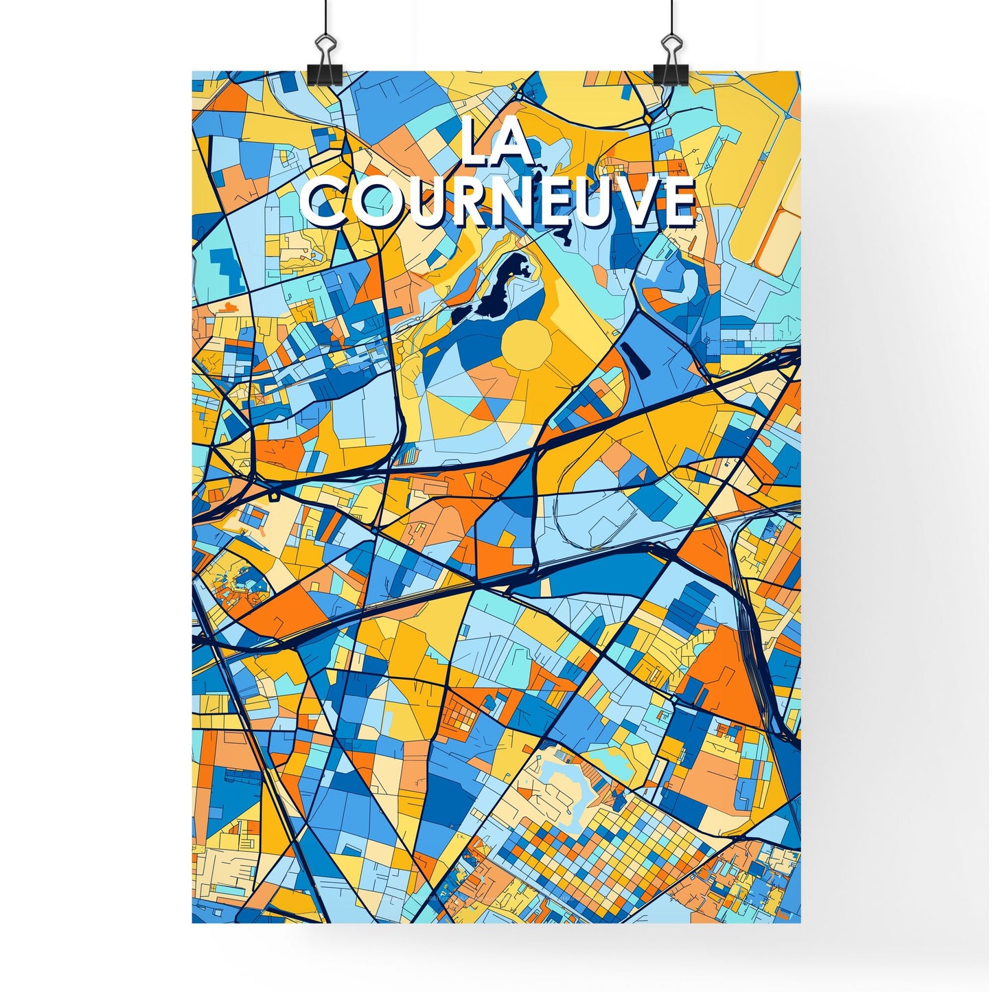 LA COURNEUVE FRANCE Vibrant Colorful Art Map Poster Blue Orange