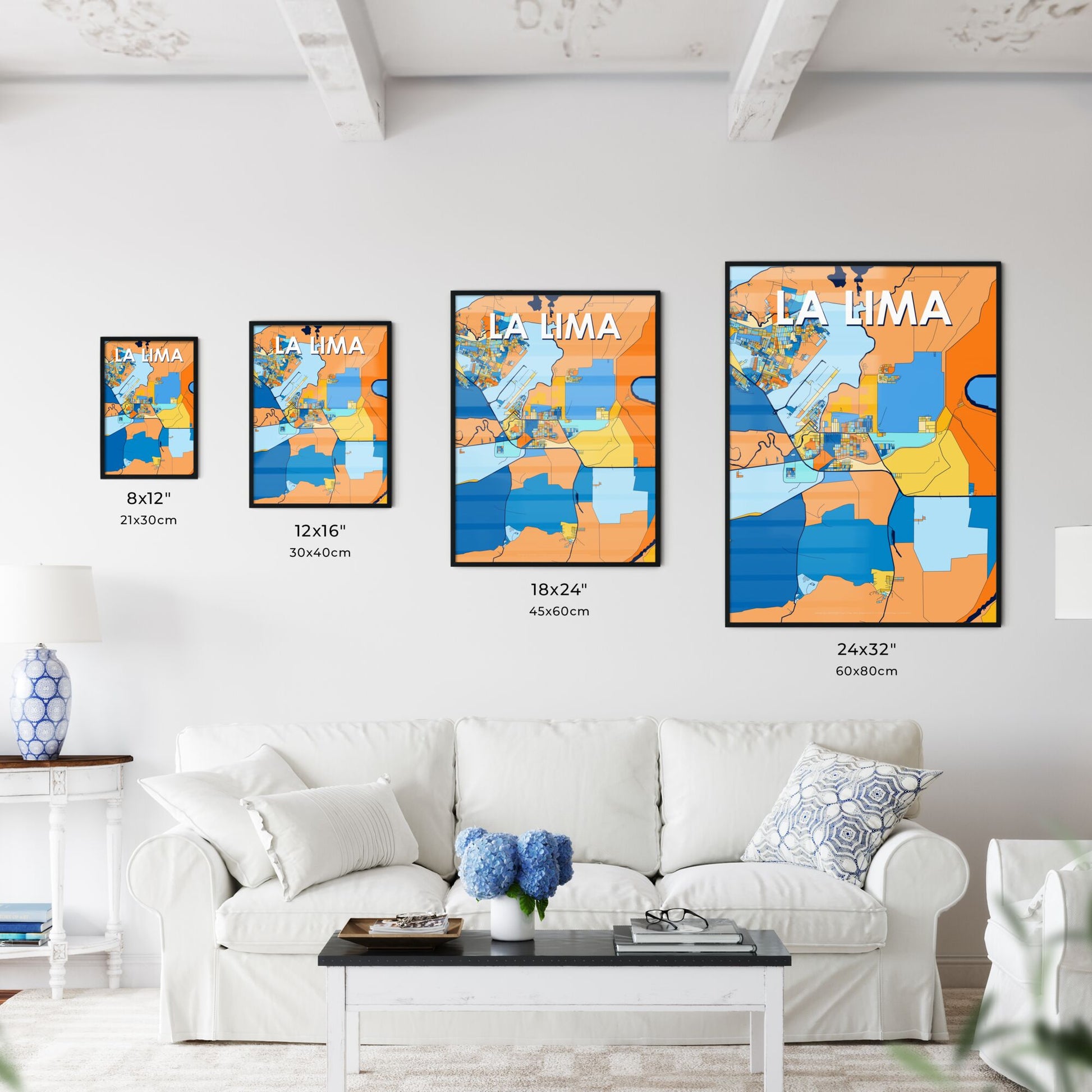 LA LIMA HONDURAS Vibrant Colorful Art Map Poster Blue Orange