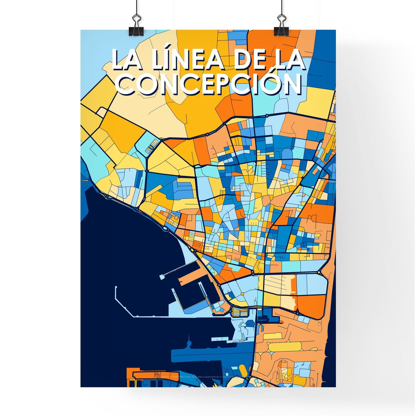 LA LÍNEA DE LA CONCEPCIÓN SPAIN Vibrant Colorful Art Map Poster Blue Orange