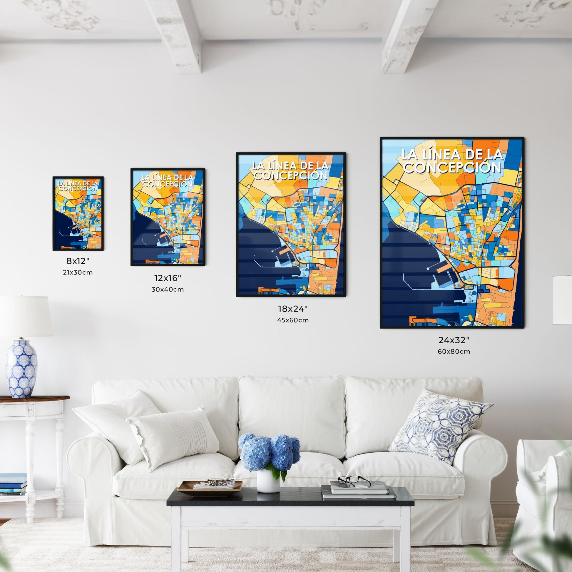 LA LÍNEA DE LA CONCEPCIÓN SPAIN Vibrant Colorful Art Map Poster Blue Orange