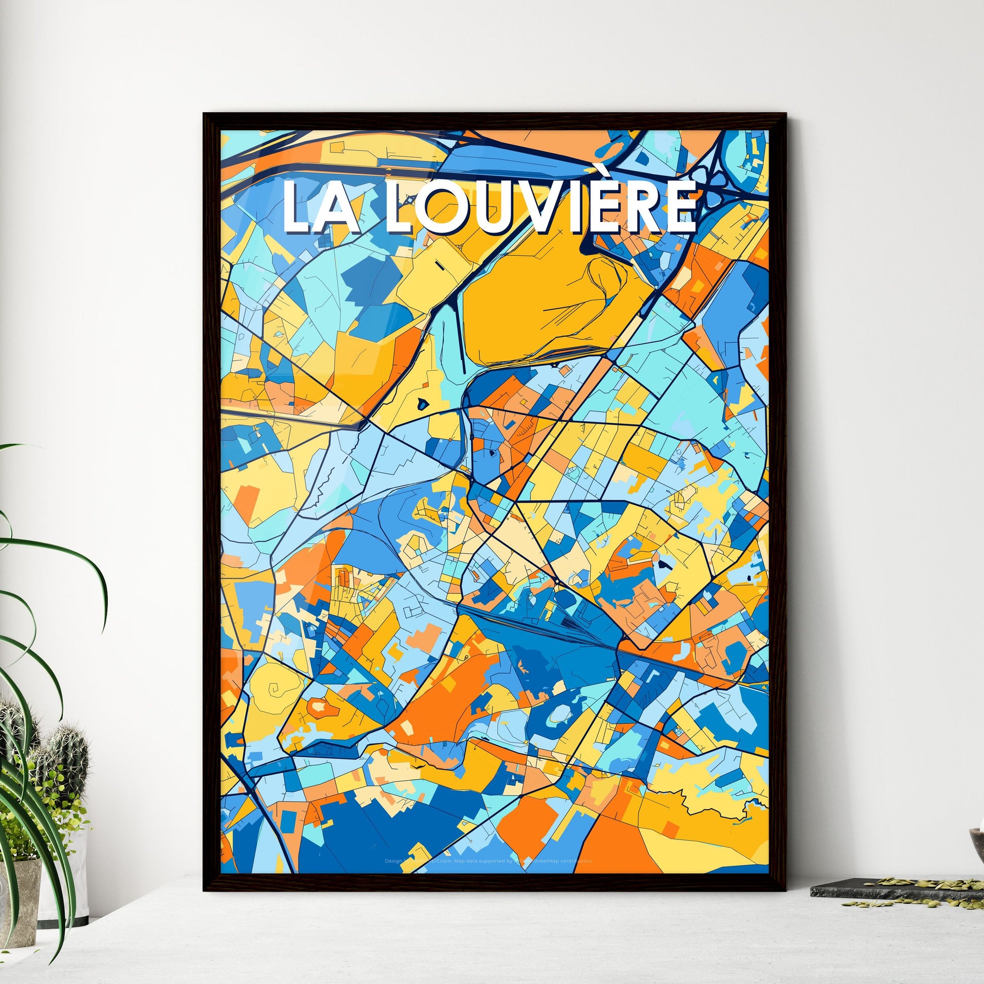 LA LOUVIÈRE BELGIUM Vibrant Colorful Art Map Poster Blue Orange