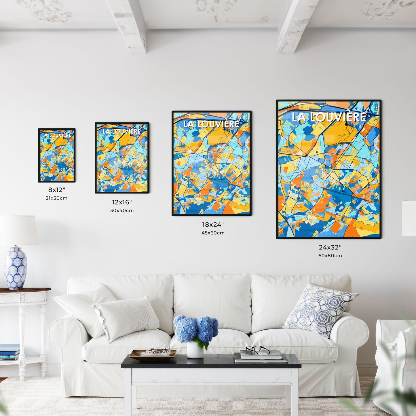 LA LOUVIÈRE BELGIUM Vibrant Colorful Art Map Poster Blue Orange