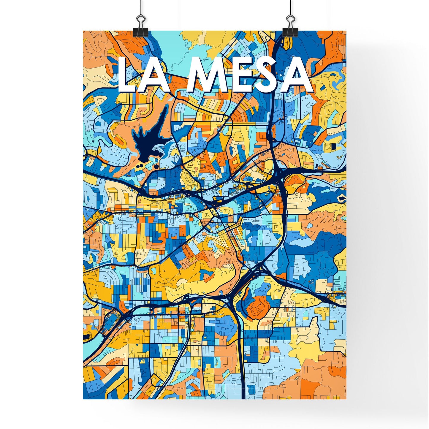 LA MESA CALIFORNIA Vibrant Colorful Art Map Poster Blue Orange