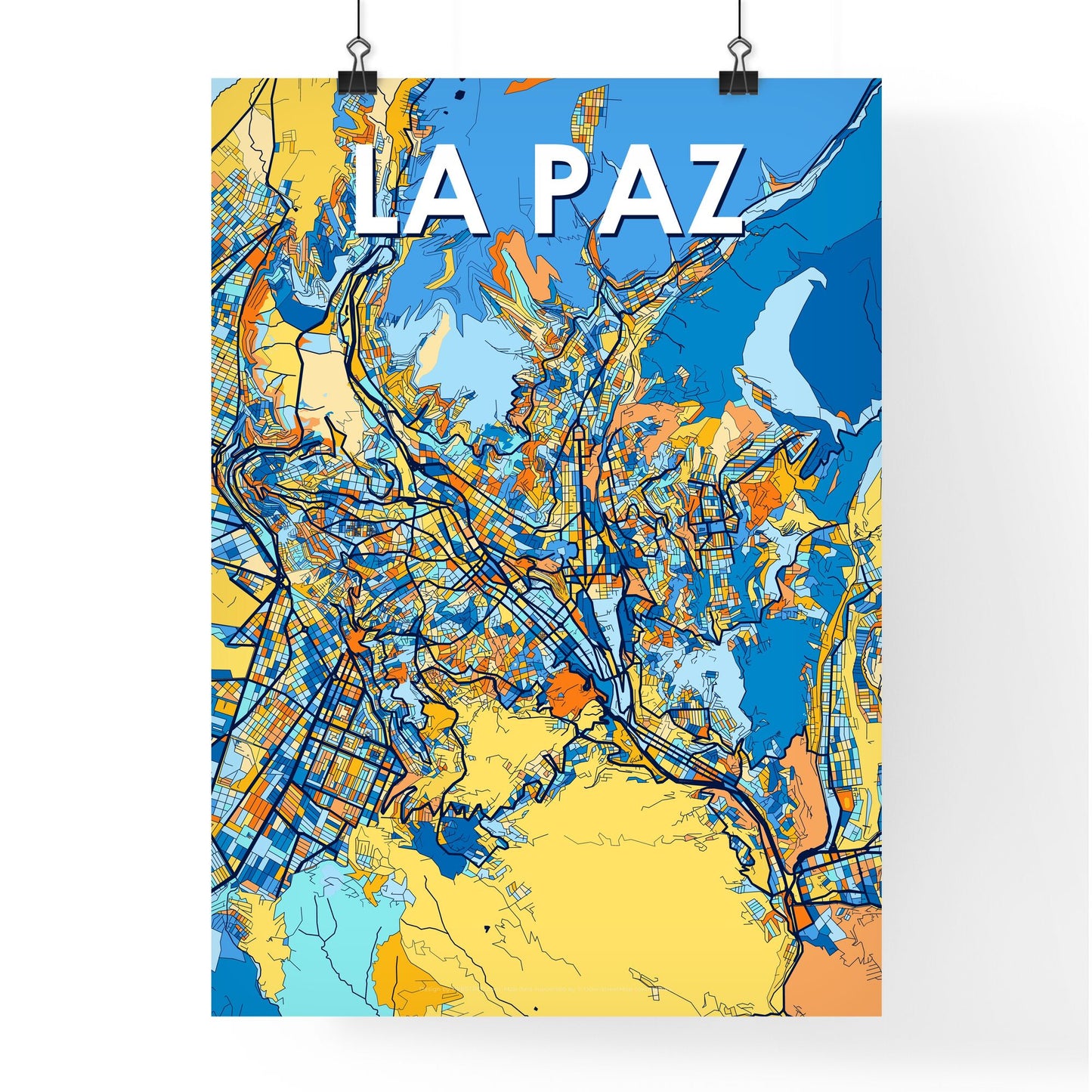 LA PAZ BOLIVIA Vibrant Colorful Art Map Poster Blue Orange