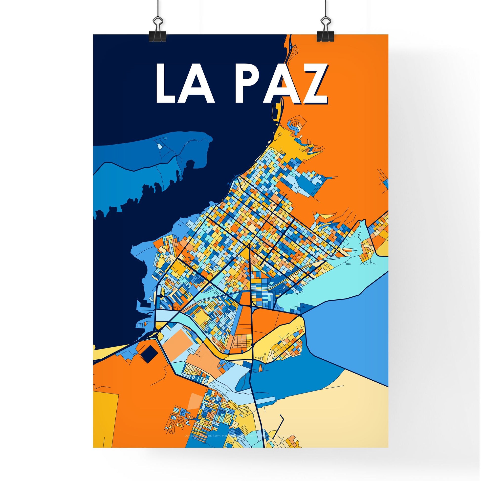 LA PAZ MEXICO Vibrant Colorful Art Map Poster Blue Orange