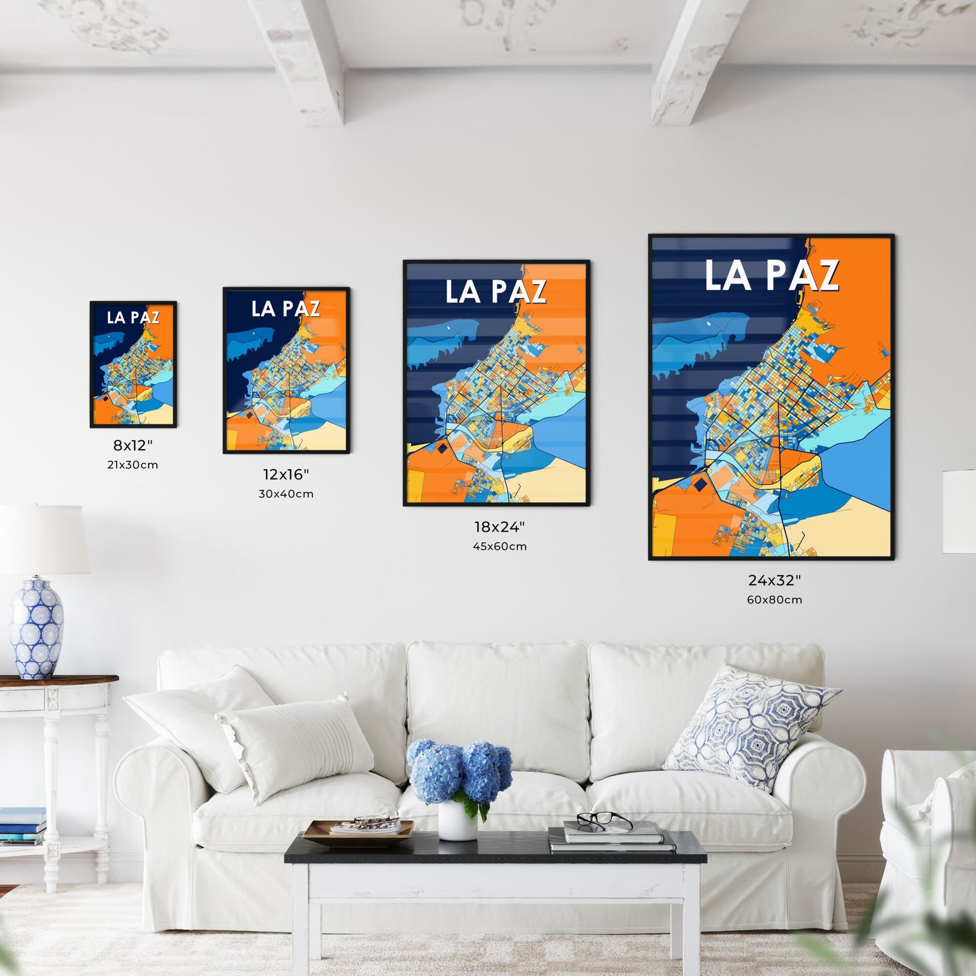 LA PAZ MEXICO Vibrant Colorful Art Map Poster Blue Orange