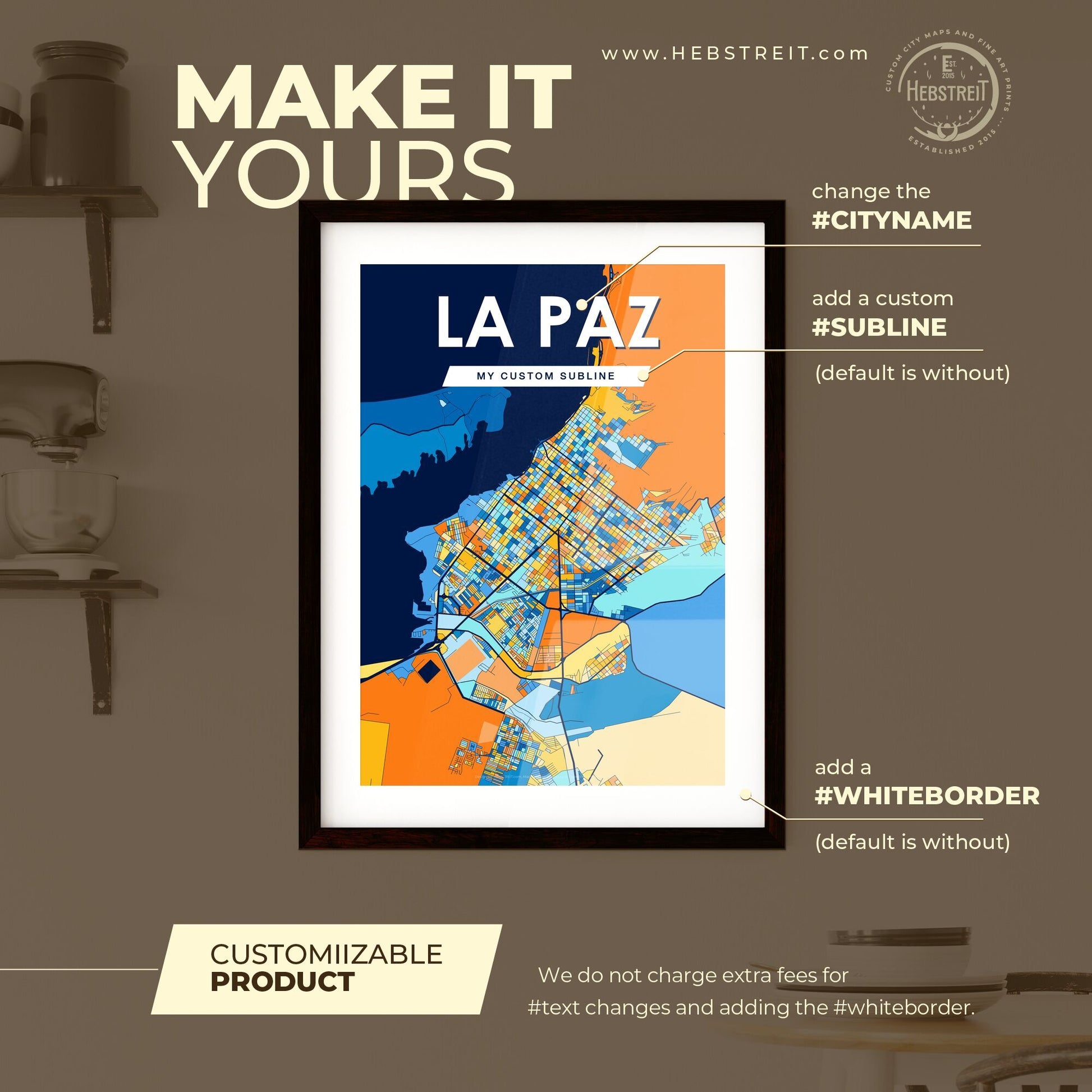 LA PAZ MEXICO Vibrant Colorful Art Map Poster Blue Orange