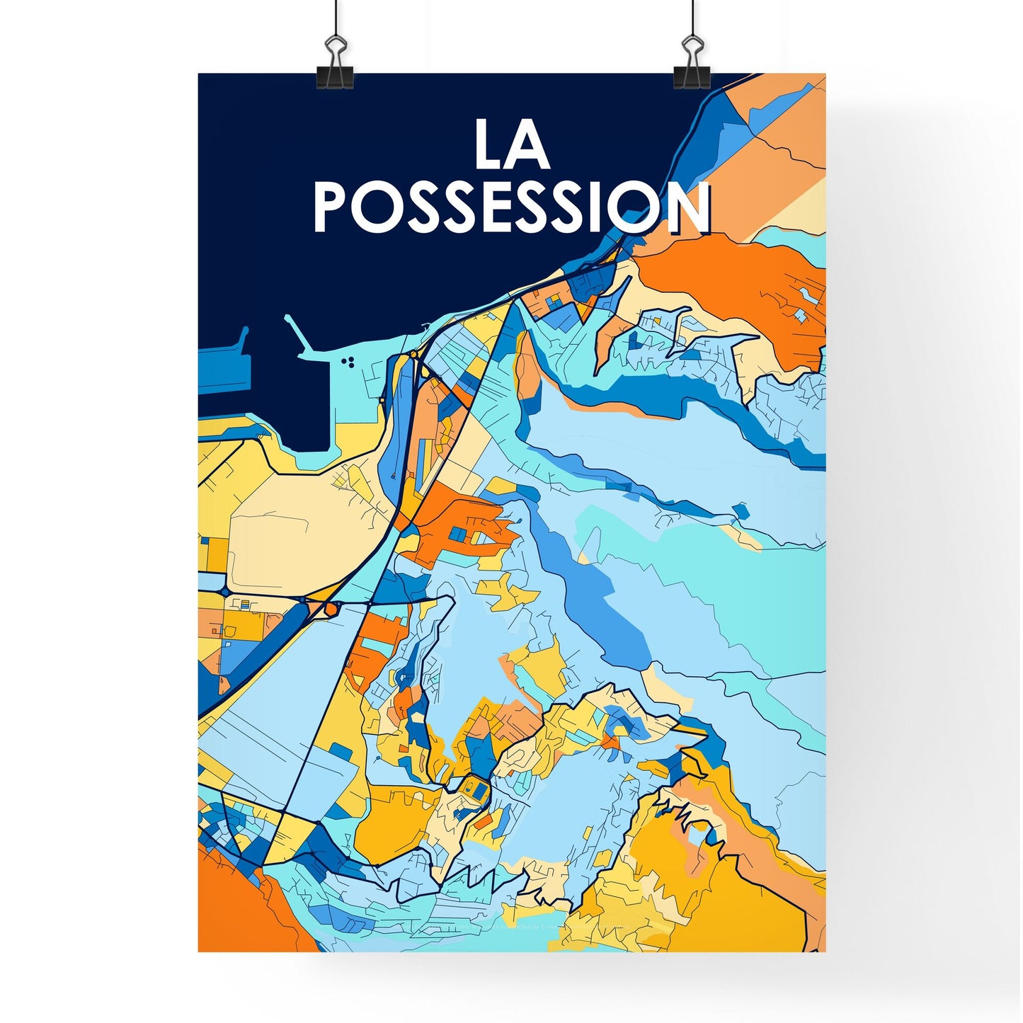 LA POSSESSION FRANCE Vibrant Colorful Art Map Poster Blue Orange