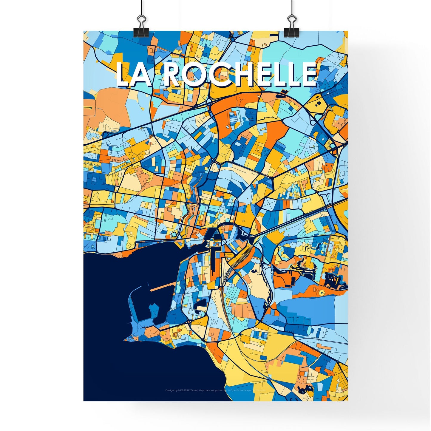 LA ROCHELLE FRANCE Vibrant Colorful Art Map Poster Blue Orange