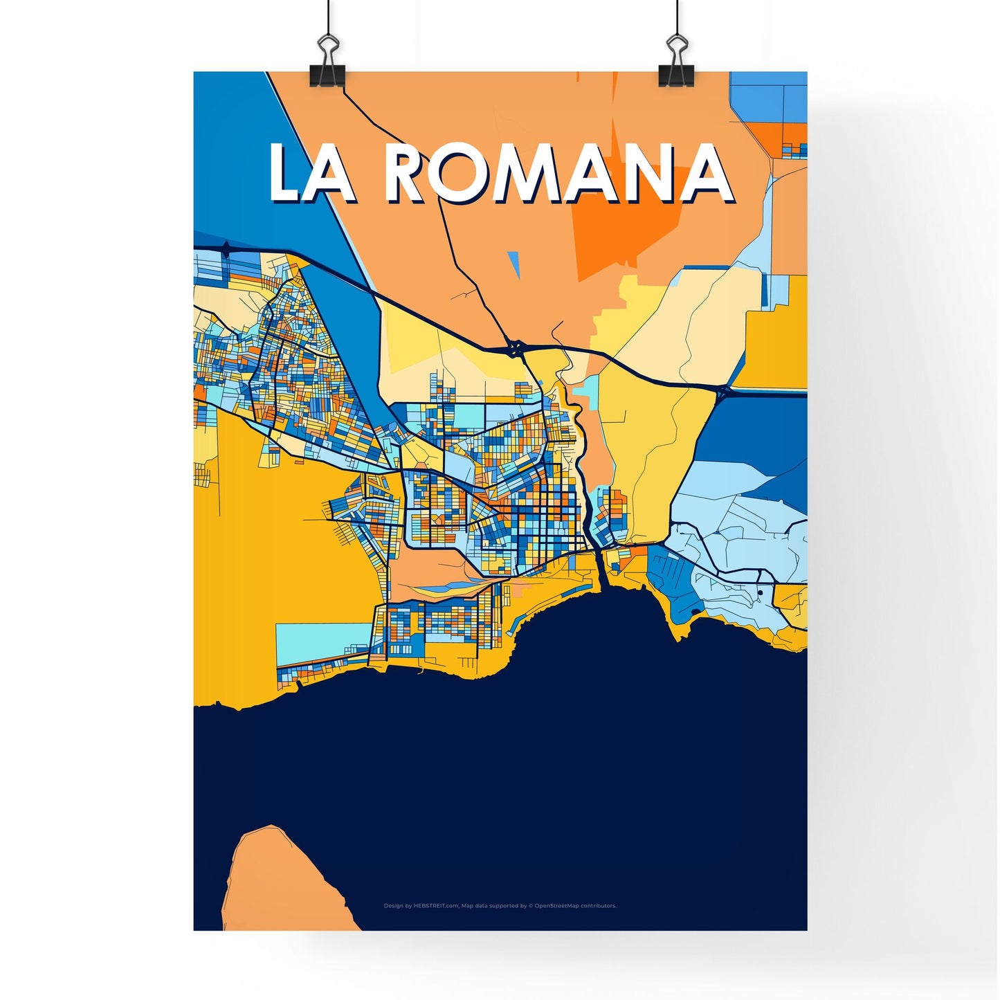 LA ROMANA DOMINICAN REPUBLIC Vibrant Colorful Art Map Poster Blue Orange