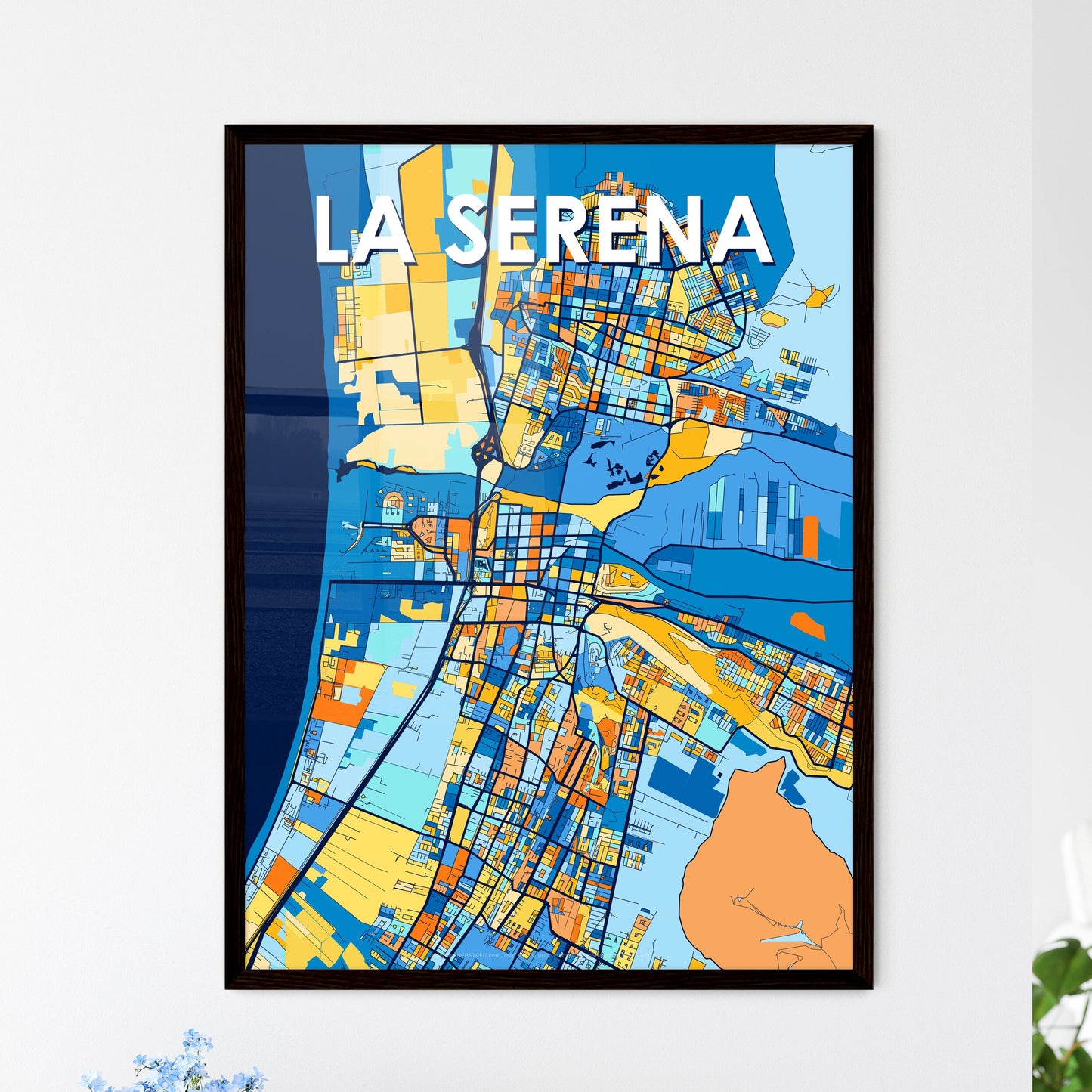 LA SERENA CHILE Vibrant Colorful Art Map Poster Blue Orange