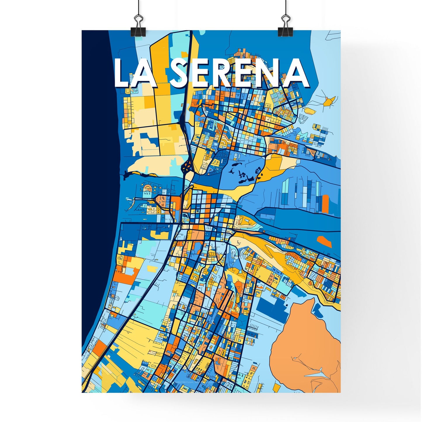 LA SERENA CHILE Vibrant Colorful Art Map Poster Blue Orange