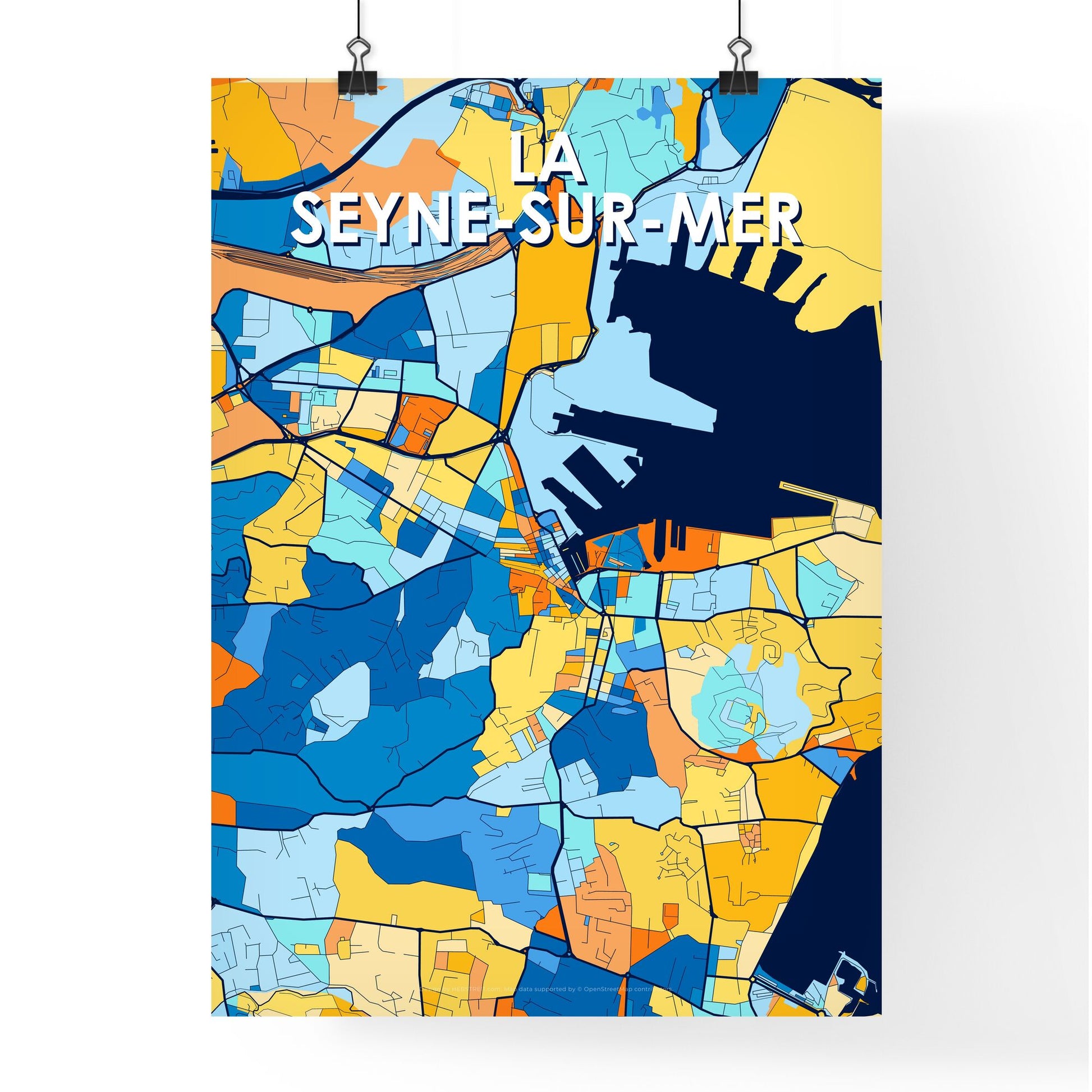 LA SEYNE-SUR-MER FRANCE Vibrant Colorful Art Map Poster Blue Orange