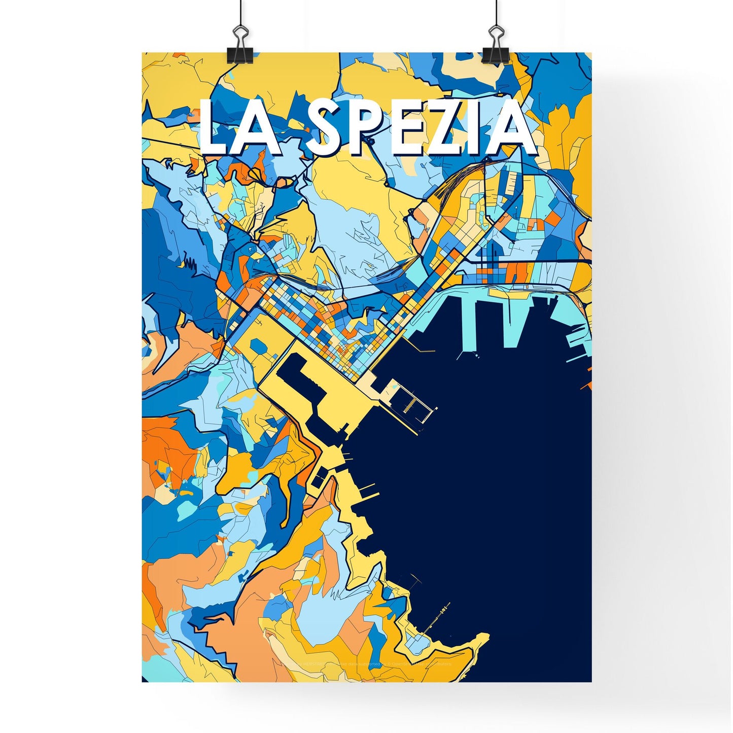 LA SPEZIA ITALY Vibrant Colorful Art Map Poster Blue Orange