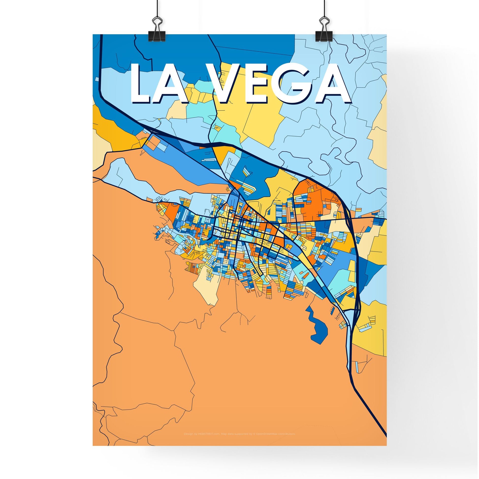 LA VEGA DOMINICAN REPUBLIC Vibrant Colorful Art Map Poster Blue Orange