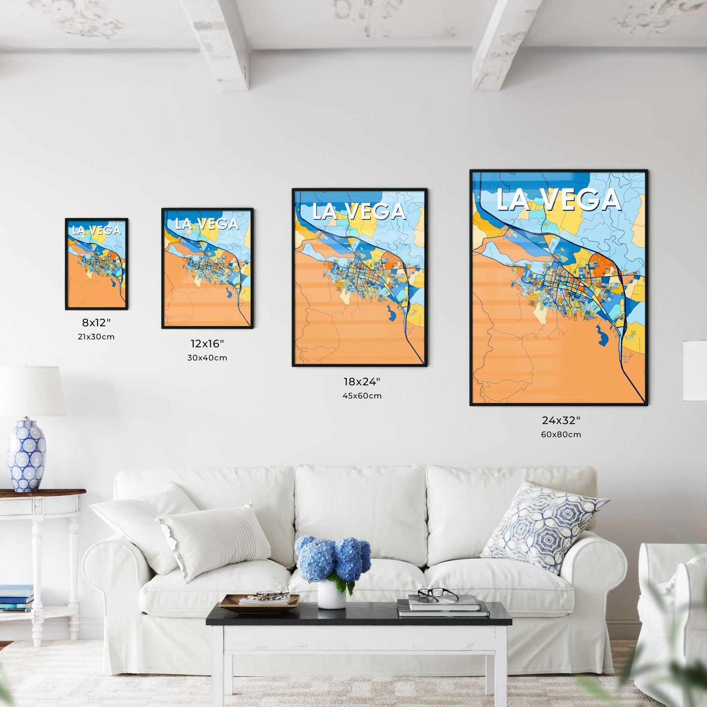 LA VEGA DOMINICAN REPUBLIC Vibrant Colorful Art Map Poster Blue Orange