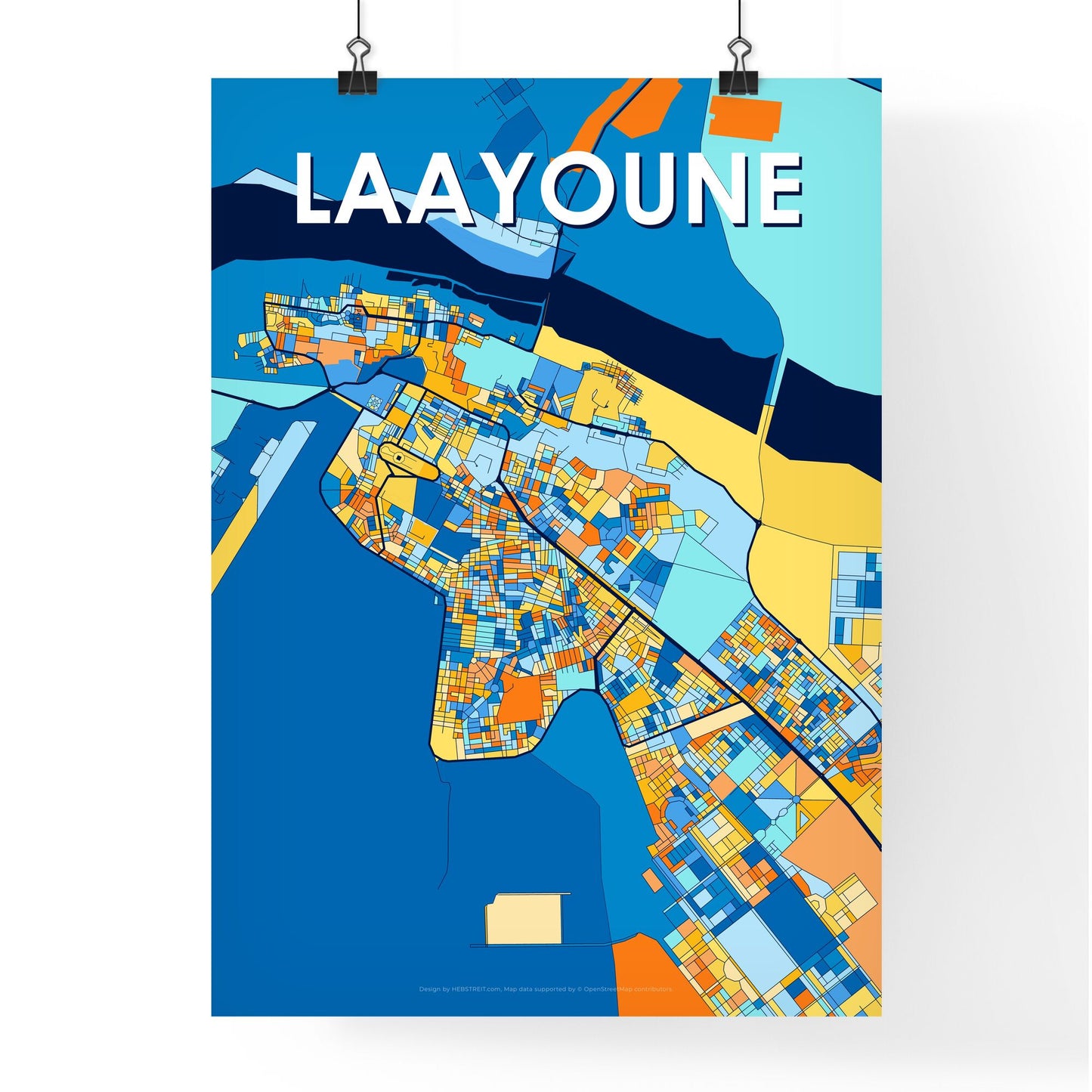 LAAYOUNE WESTERN SAHARA Vibrant Colorful Art Map Poster Blue Orange