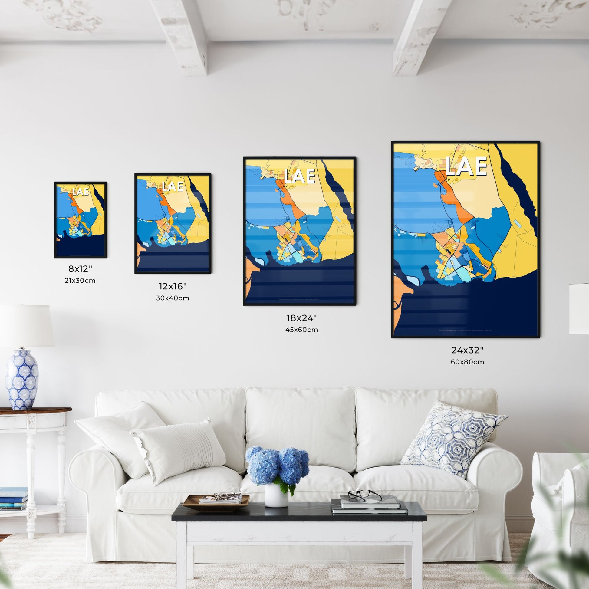 LAE PAPUA NEW GUINEA Vibrant Colorful Art Map Poster Blue Orange